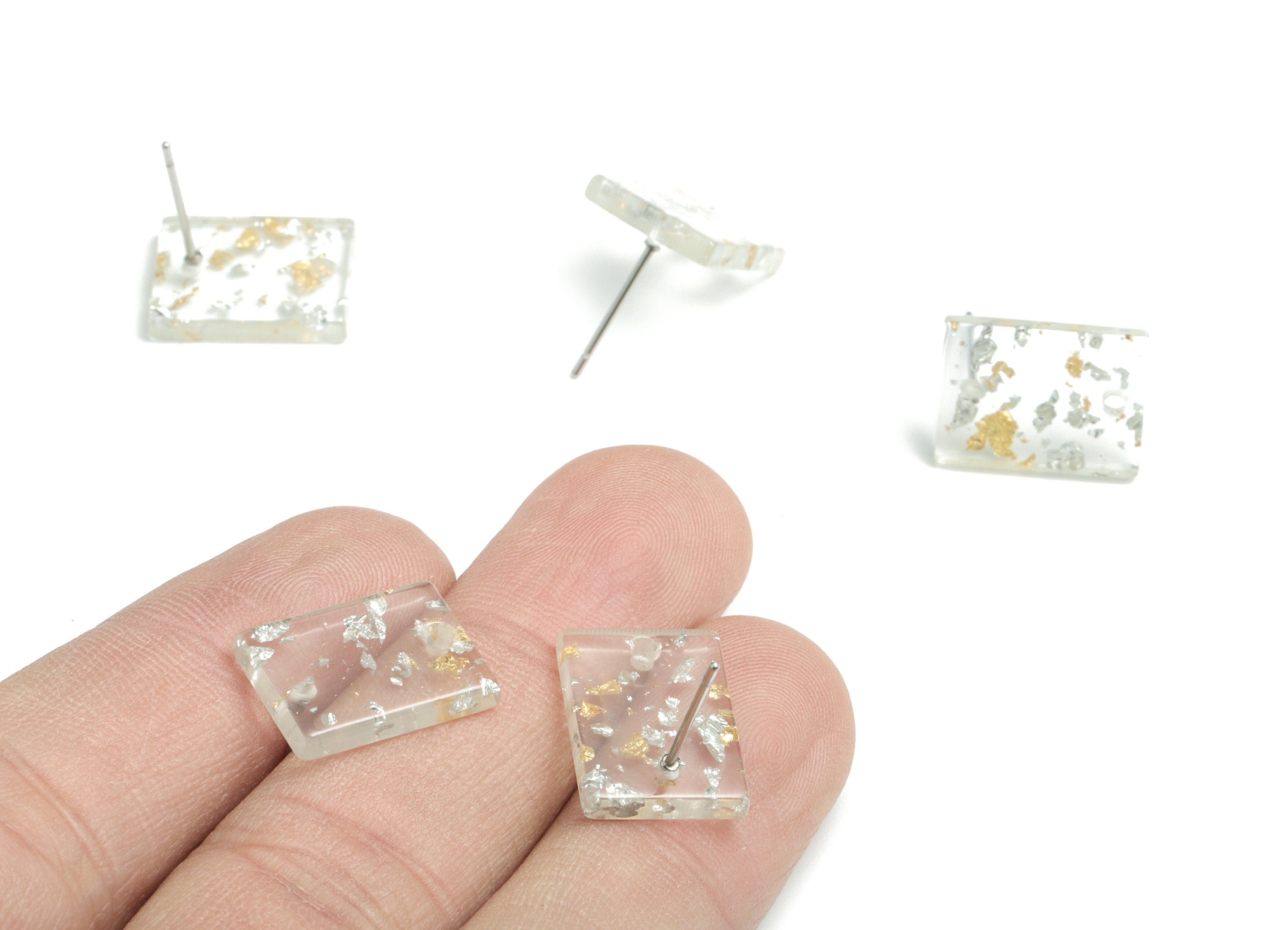Acetate Rectangle Earring Stud - Gold Silver Foil & Confetti - Rectangle Earring Post - Color Code: A501 - 15.43x11.72x2.5mm- AC1663-A501 - DOMEDBAZAAR