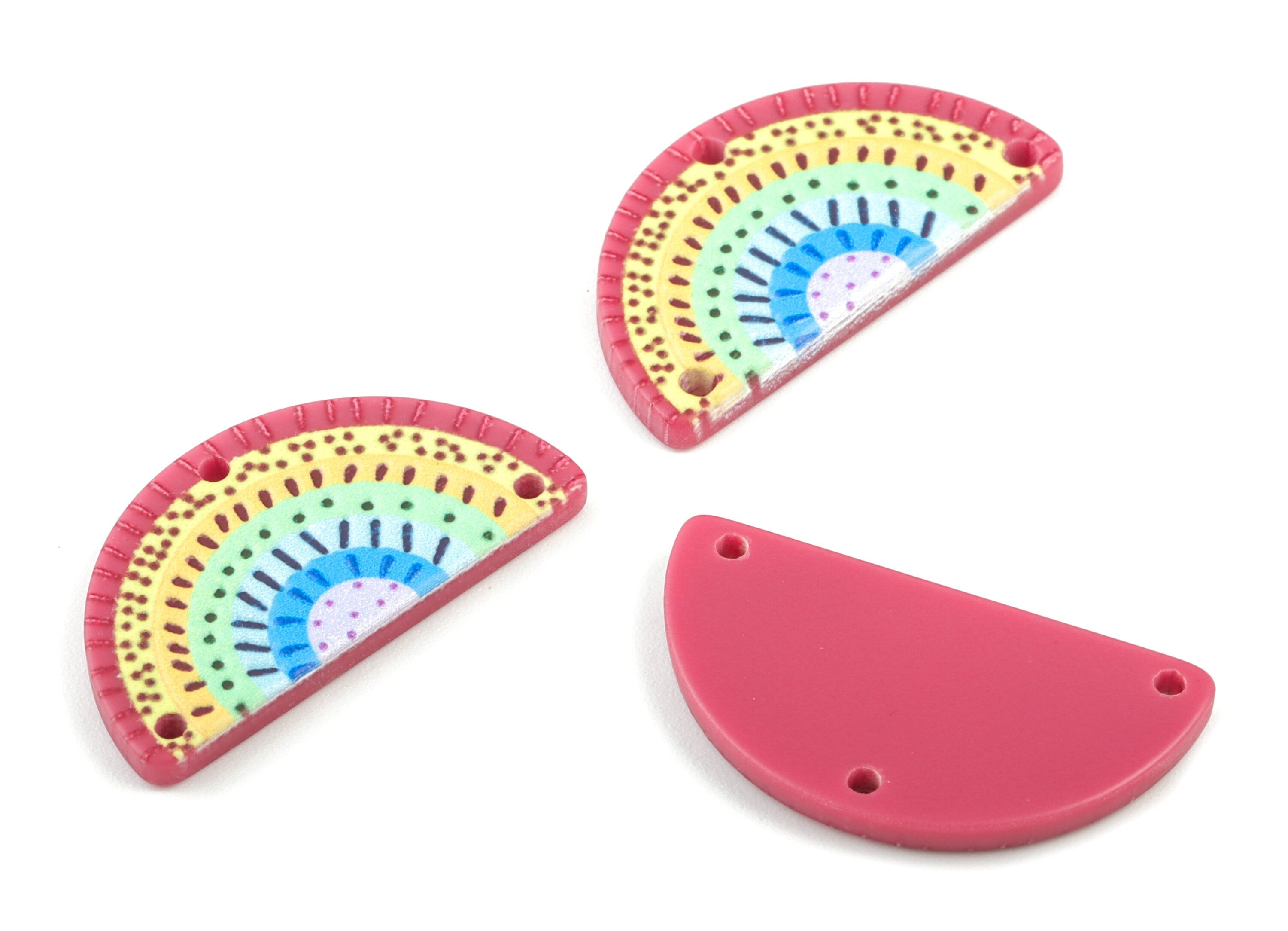 Acrylic Semi Circle Rainbow Earring Connector - 3 Holes - Half Moon Connector For Earring and Necklace - 28.04x14.81x2.66mm - AC2037 - DOMEDBAZAAR