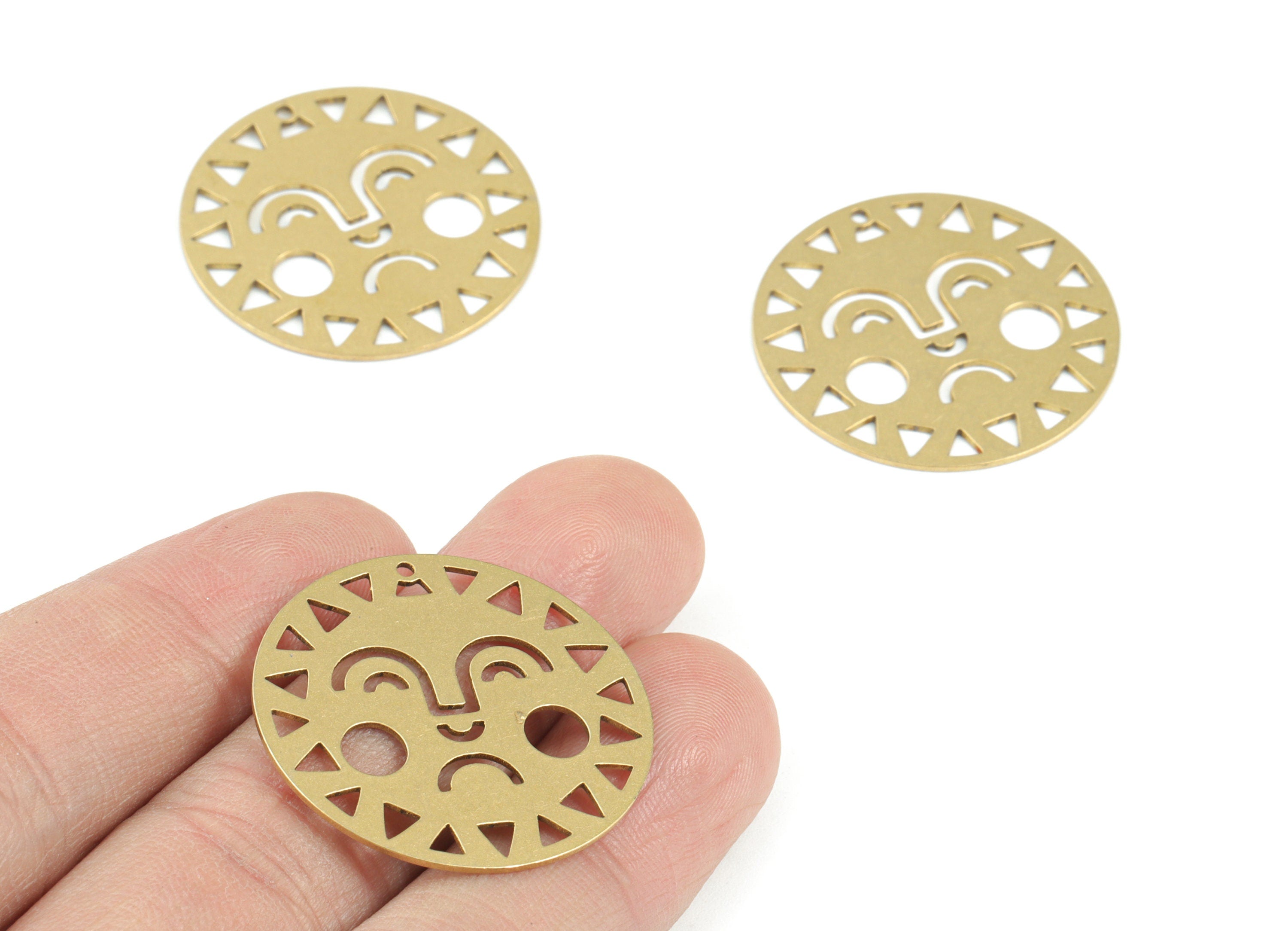 Smiley Face Circle Pendant - Raw Brass Sun Face Round Earrings Charms - Jewelry Making Supplies - 30x30 x0.7mm - PPM3587 - DOMEDBAZAAR