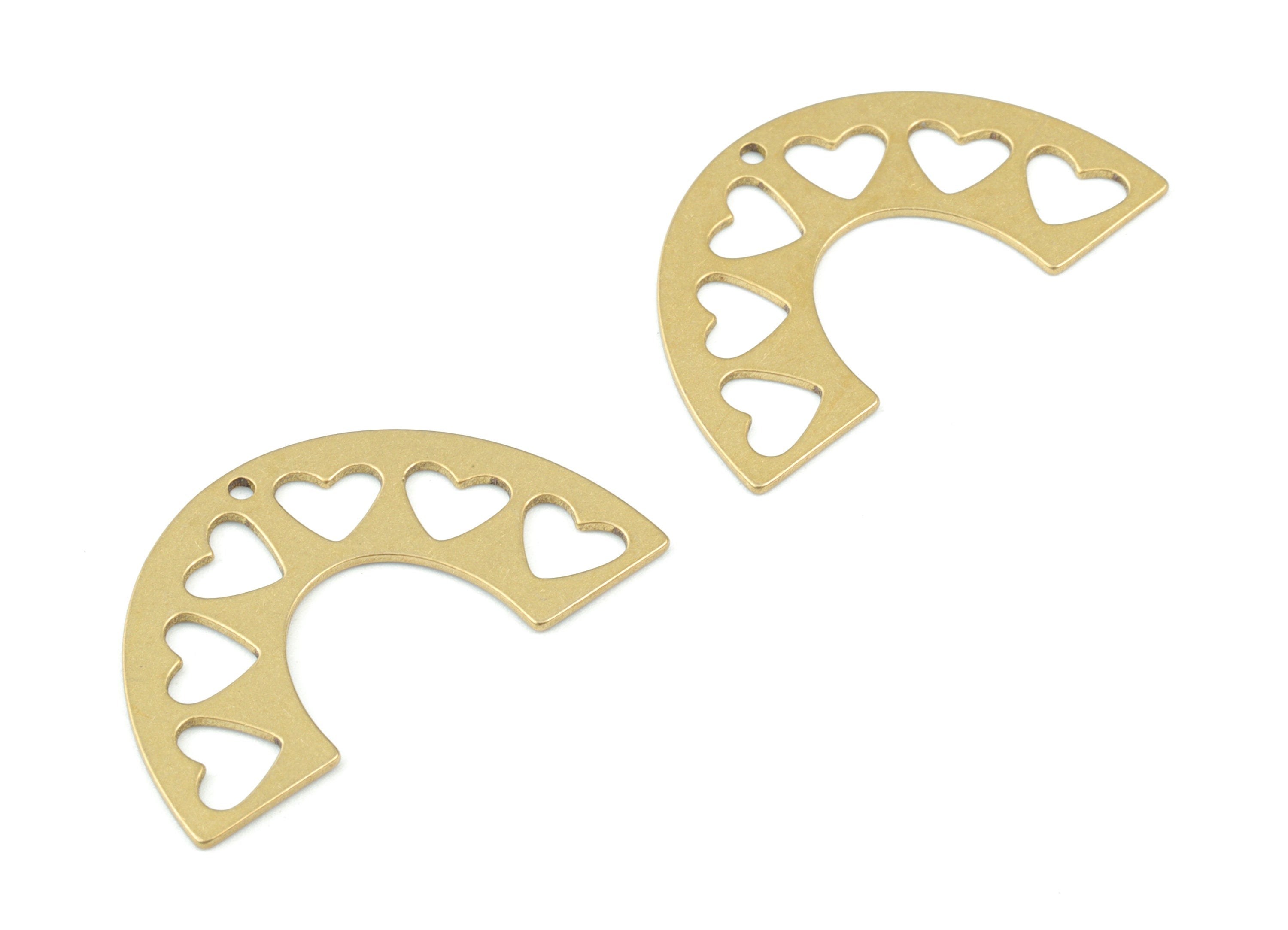 Brass Half Moon Hearts Pendant - Semi Circle Heart Earring Charms - Jewelry Making Supplies - 38x18x0.7mm - PPM3579 - DOMEDBAZAAR