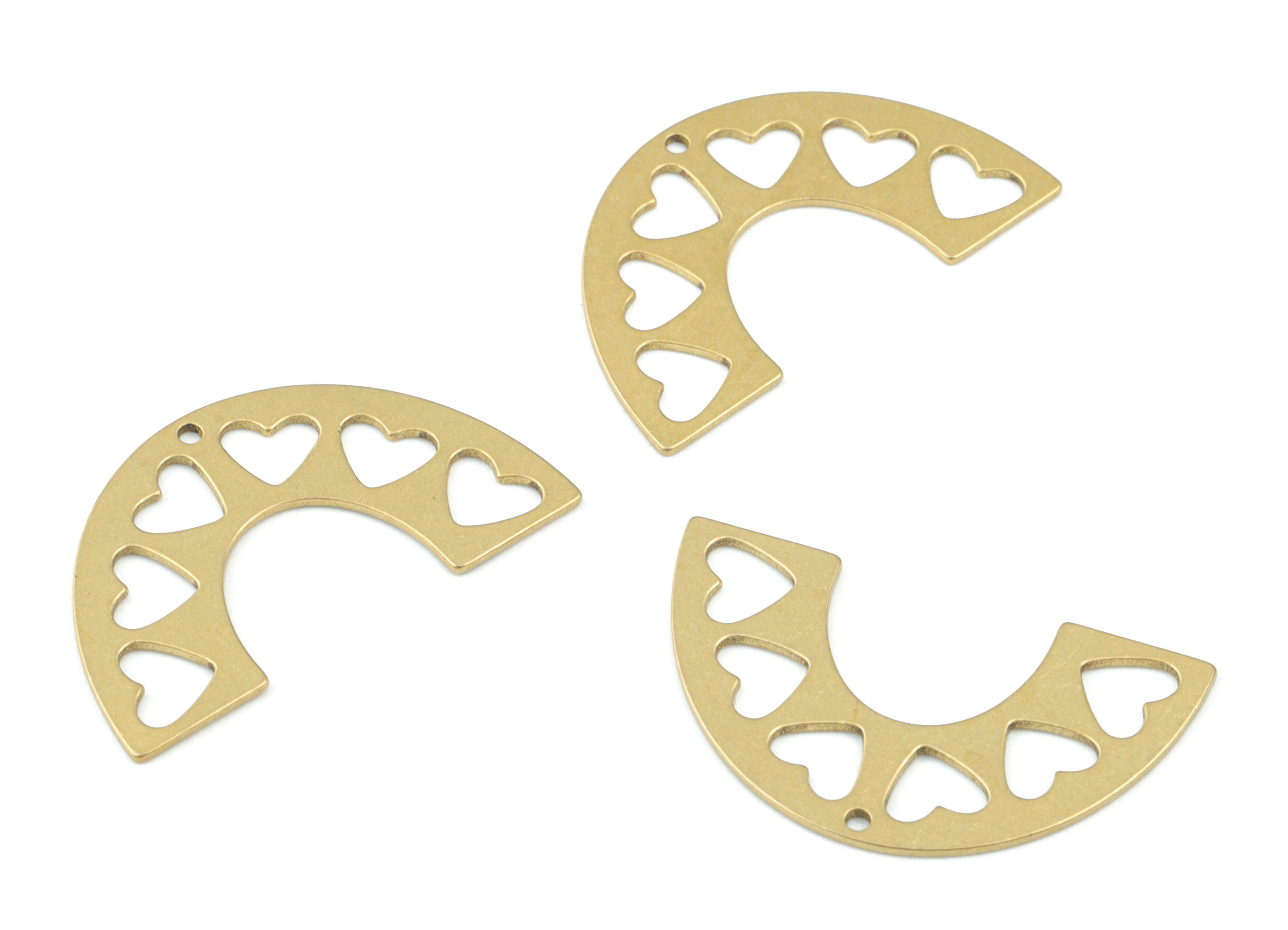 Brass Half Moon Hearts Pendant - Semi Circle Heart Earring Charms - Jewelry Making Supplies - 38x18x0.7mm - PPM3579 - DOMEDBAZAAR