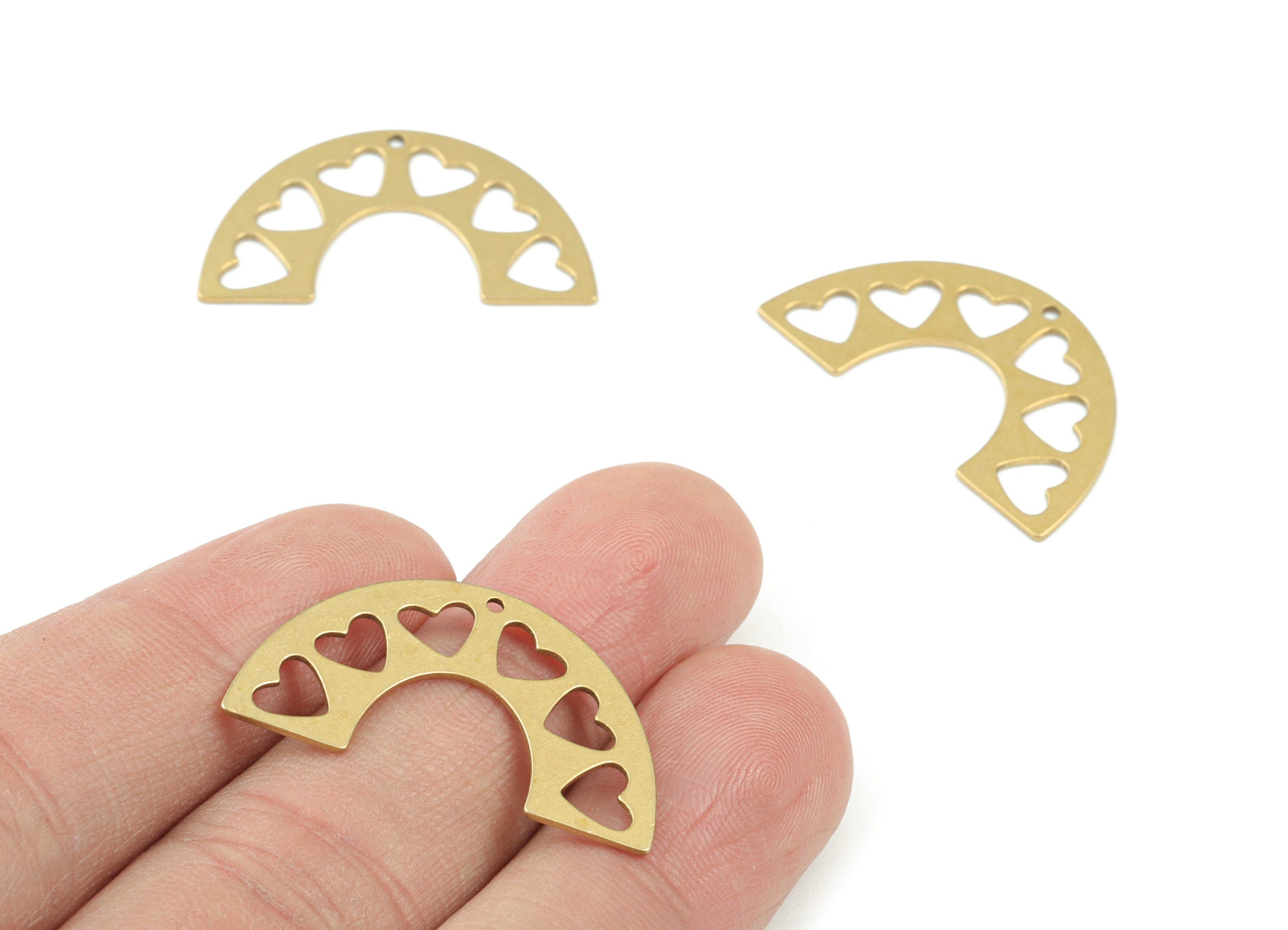 Brass Half Moon Hearts Pendant - Semi Circle Heart Earring Charms - Jewelry Making Supplies - 38x18x0.7mm - PPM3579 - DOMEDBAZAAR