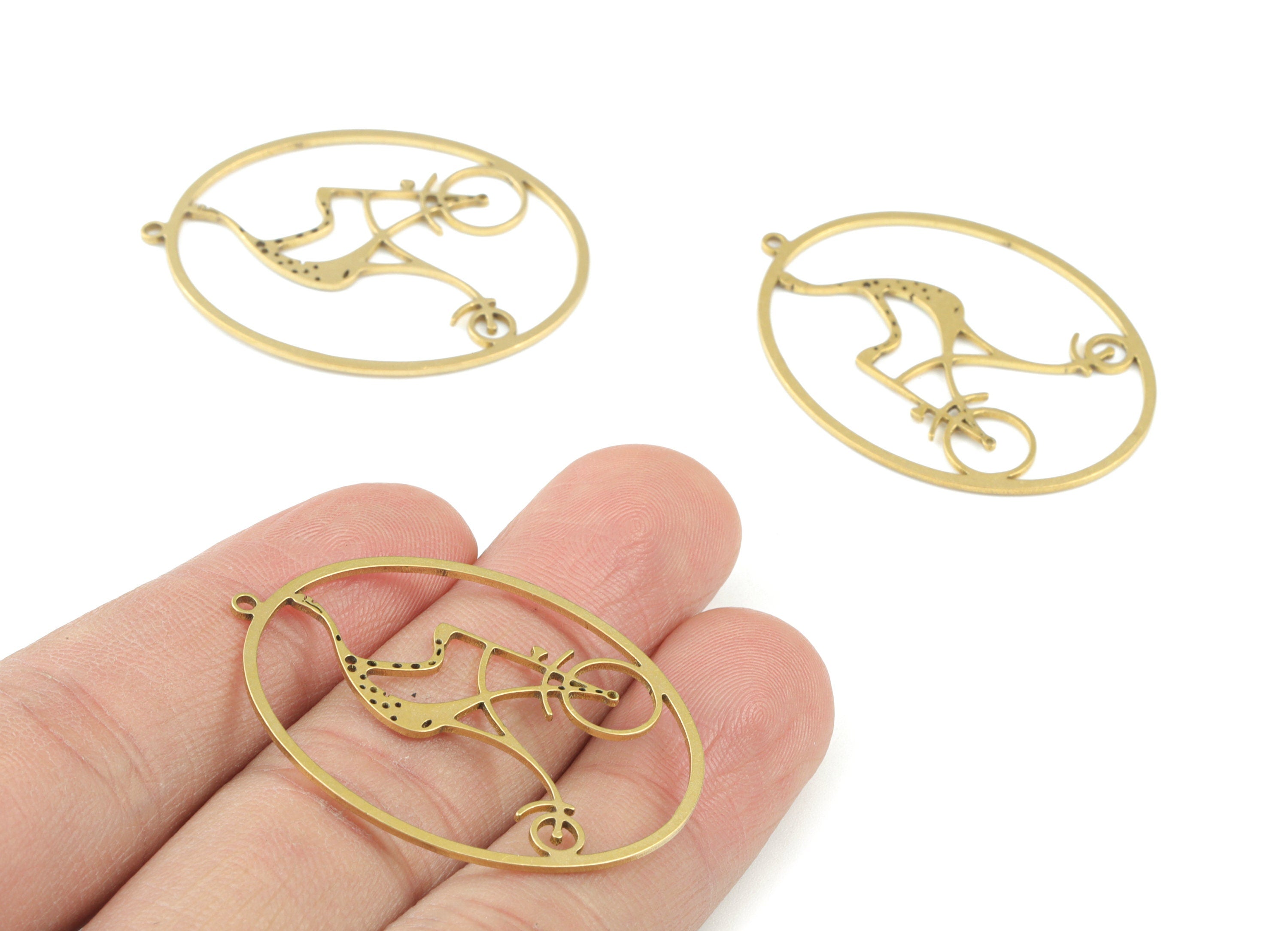 Giraffe Bike Oval Pendant - Raw Brass Biker Giraffe Oval Earring Charms --Oval Bike Charms -Jewelry Making Supplies - 40x30 x0.8mm - PPM3678 - DOMEDBAZAAR