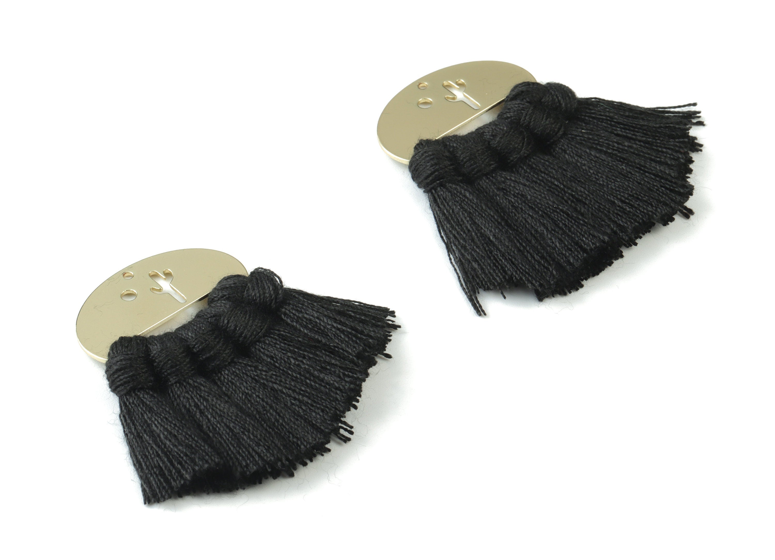 Gold Tone Plated Oval Brass - Oval Tassel Earring Charms - Cotton Black Tassels - Fringe Tassel - 45.4x30.1x3.75mm - TSM3068B - DOMEDBAZAAR