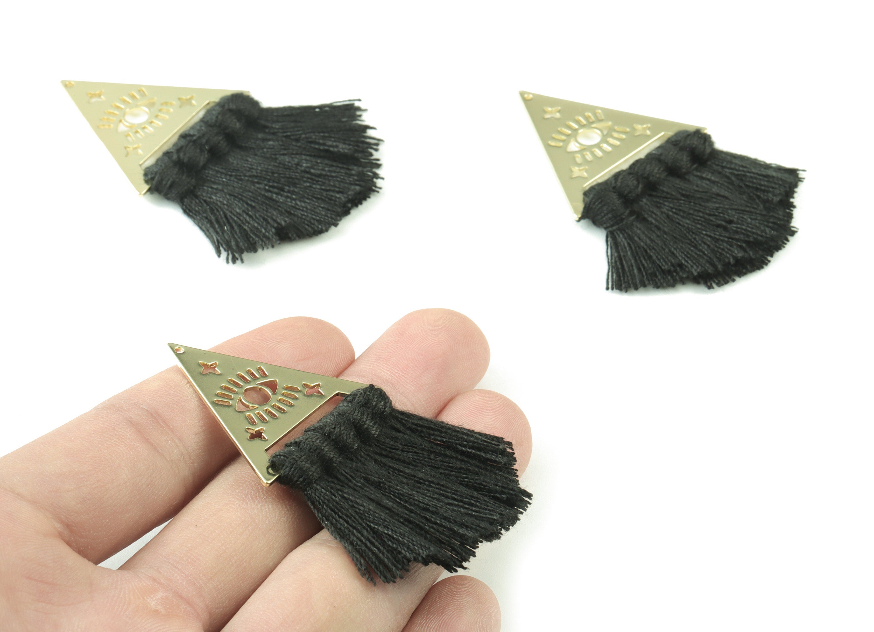 Gold Tone Plated Triangle Brass Cotton - Triangle Eye Tassel Earring Charms - Black Tassels - Fringe Tassel - 56.74x31.74x3.04mm - TSM3063B - DOMEDBAZAAR