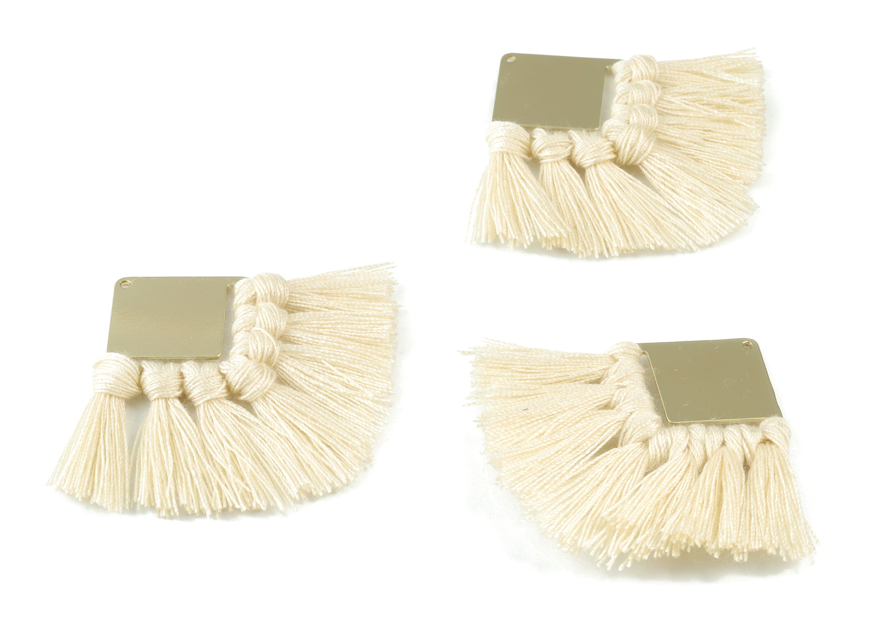 Gold Tone Plated Square Brass - Square Tassel Earring Charms - Cotton Cream Tassels - Fringe Tassel - 58.99x30.22x2.98mm - TSM3071C - DOMEDBAZAAR