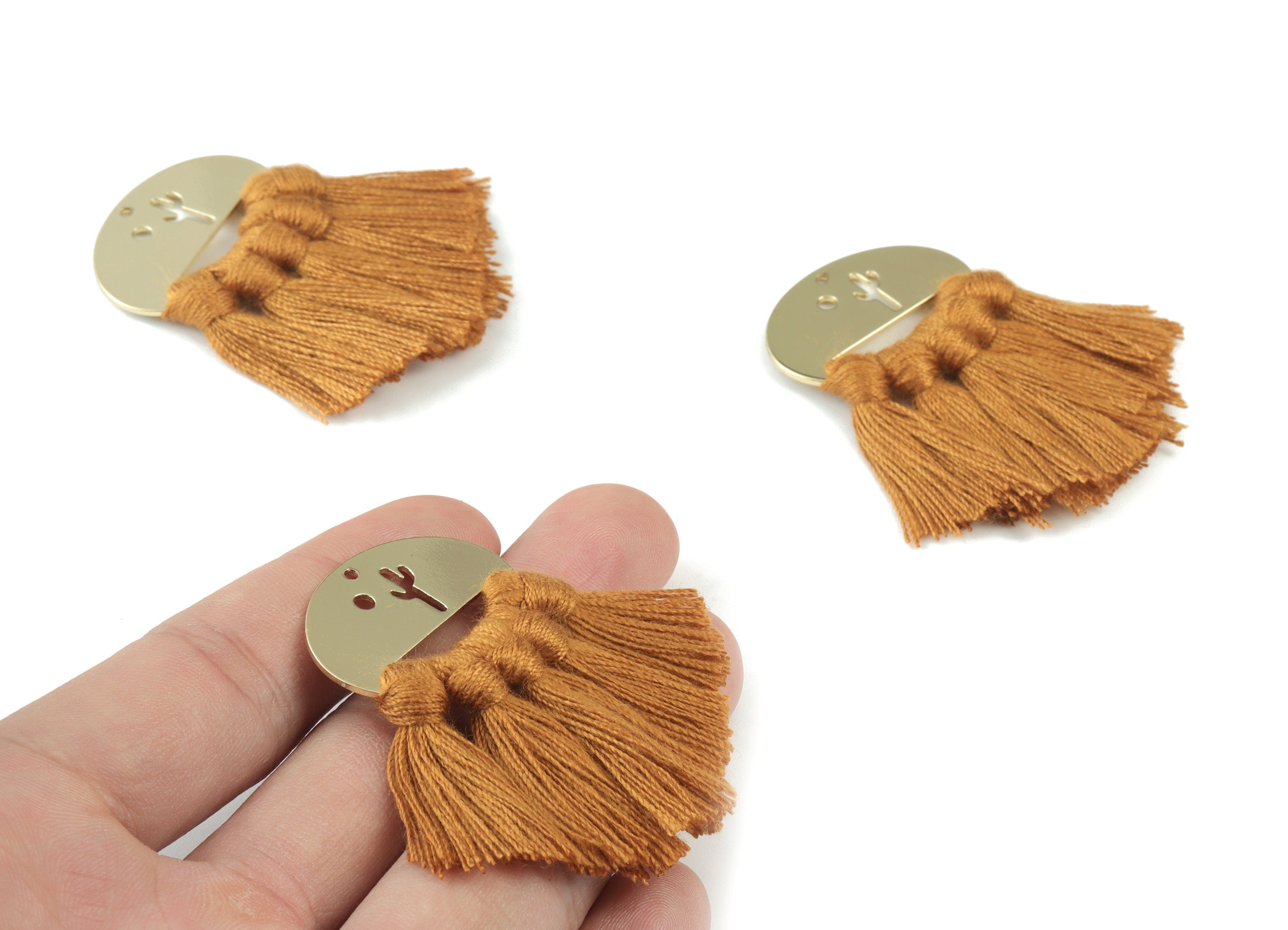 Gold Tone Plated Oval Brass - Oval Tassel Earring Charms - Cotton Brown Tassels - Fringe Tassel - 45.4x30.1x3.75mm - TSM3068BR - DOMEDBAZAAR