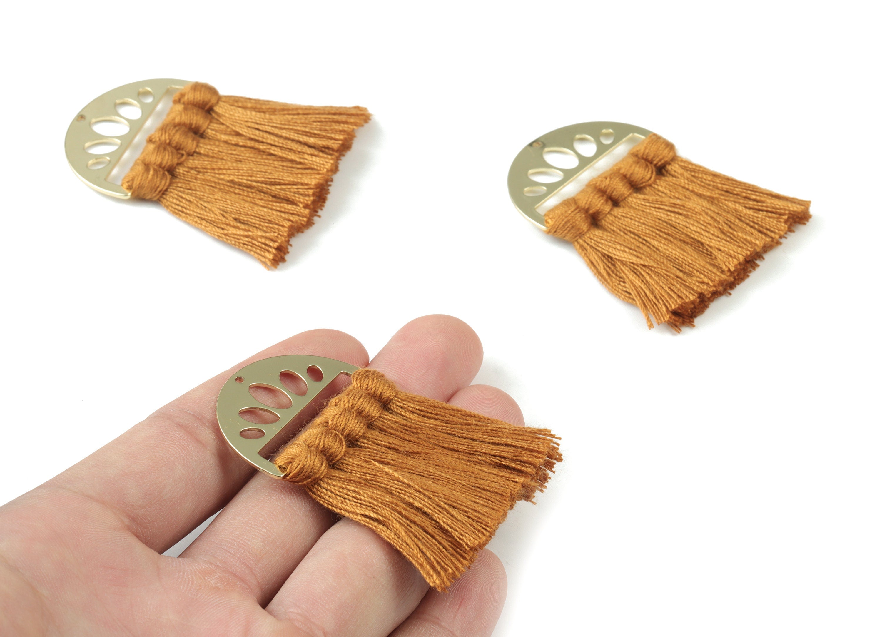 Gold Tone Plated Semi circle Brass - Half Moon Tassel Earring Charms - Cotton Brown Tassels - Fringe Tassel - 49.92x35.24x4.92mm - TSM3065BR - DOMEDBAZAAR