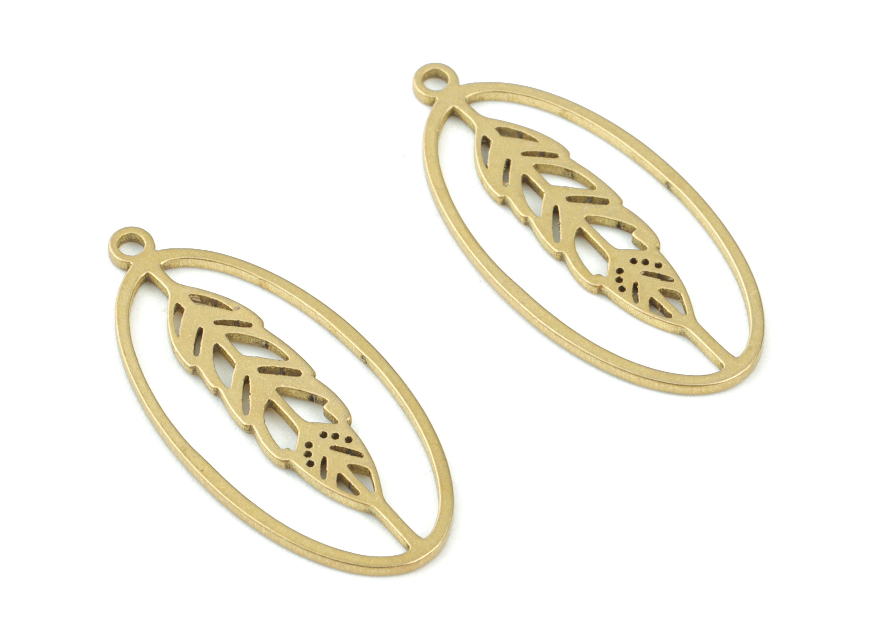 Wheatear Oval Pendant - Raw Brass Oval Feather Earring Charms - Brass Wheatear Charms - Jewelry Making Supplies - 25x12x0.8mm - PPM3695 - DOMEDBAZAAR