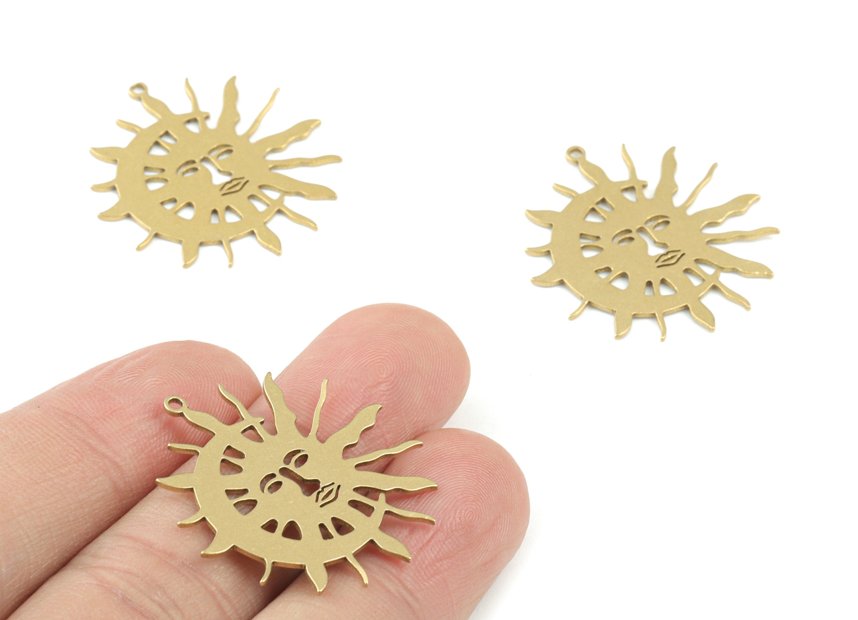 Sun Crescent Pendant - Raw Brass Sun Face Moon Earring Charms - Jewelry Making Supplies - 30x29x08mm - PPM3654 - DOMEDBAZAAR