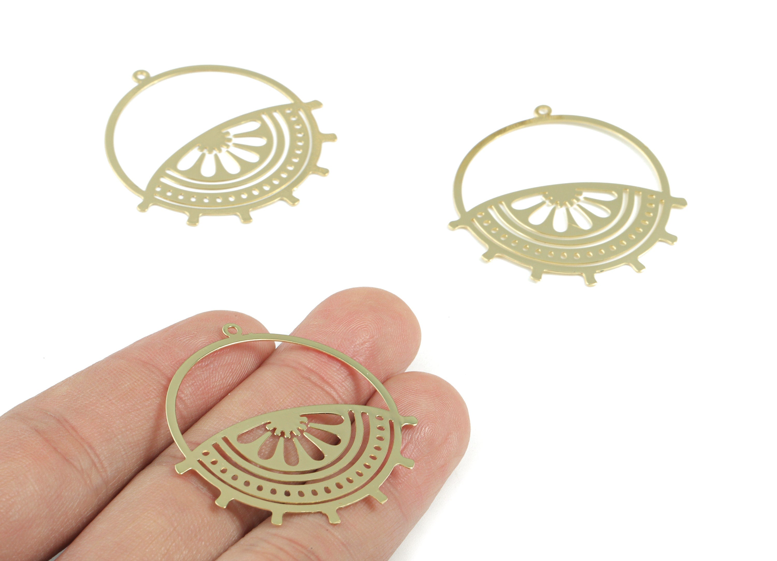 Gold Tone Plated Brass Leaf Round Pendant - Brass Hoop Eye lash Earring Charms - Jewelry Supplies - 39.56x38.11x0.3mm - JJB6256G - DOMEDBAZAAR