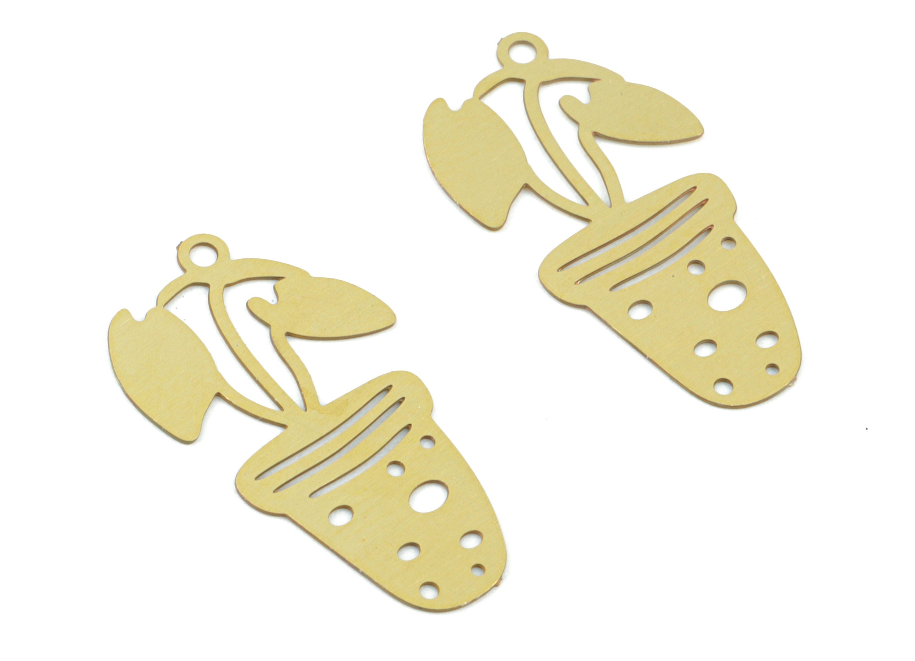 Brass Flower Pot Earring Charms - Raw Brass Pot Flower Pendant - Earring Findings - Jewelry Supplies - 22.5x11.61x0.28mm - JJC12010 - DOMEDBAZAAR