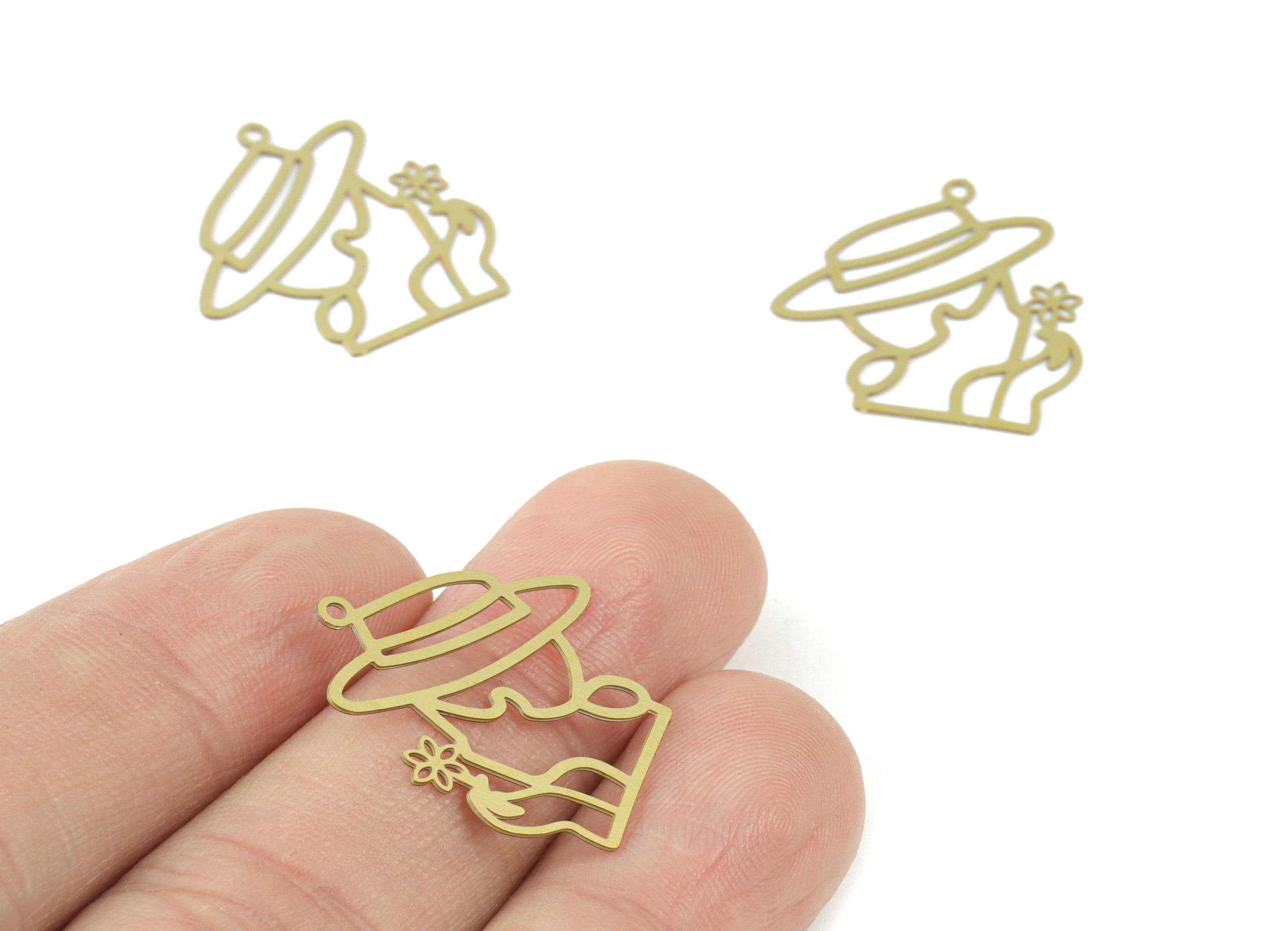 Brass Lady Hat Flower Earring Charms - Raw Brass Woman Hat Pendant - Earring Findings - Jewelry Supplies - 23.74x20.82x0.28mm - JJC11985 - DOMEDBAZAAR