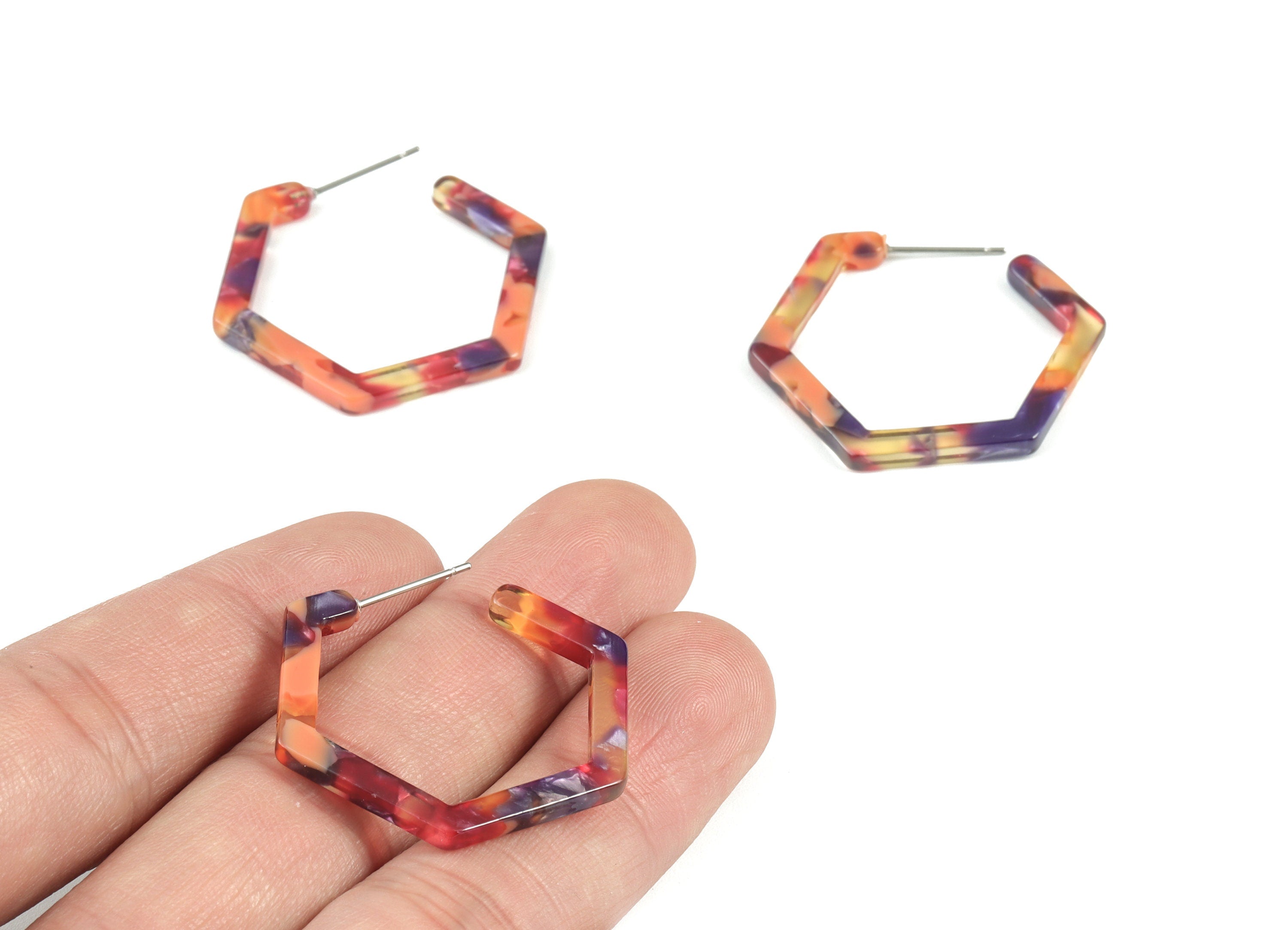 Acetate Open Hexagon Stud Earrings - Hexagon Earring Post - 316 Stainless Steel - Color Code: A44 - 30x2.5mm - AC1870-A44 - DOMEDBAZAAR