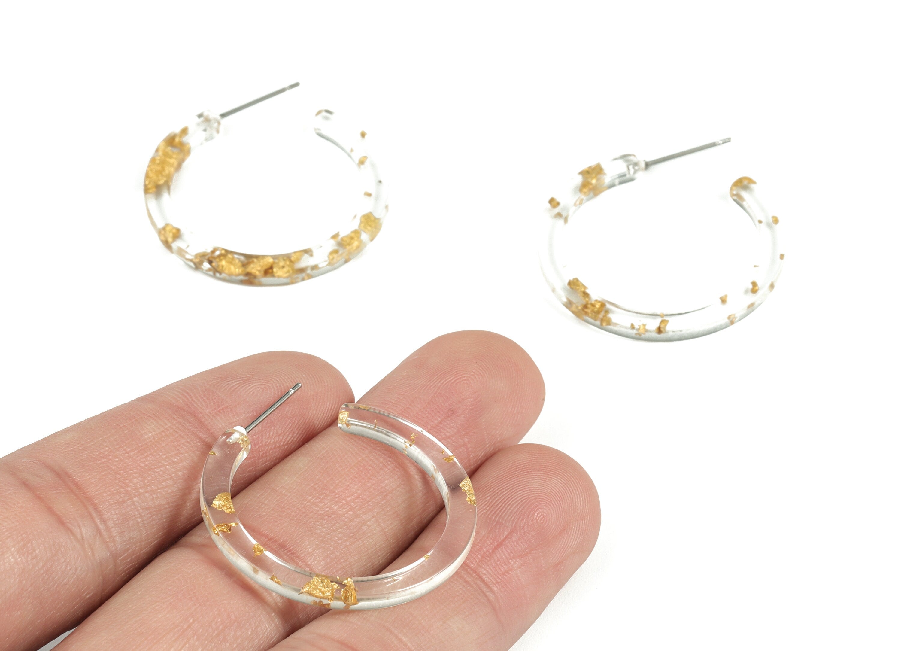 Open Hoop Earrings Stud - 1.2 inch Hoop - Clear Round Earring Post - Gold Foil & Confetti - Color Code: A255 - 31.4x30.7x2.5mm - AC1829-A255 - DOMEDBAZAAR