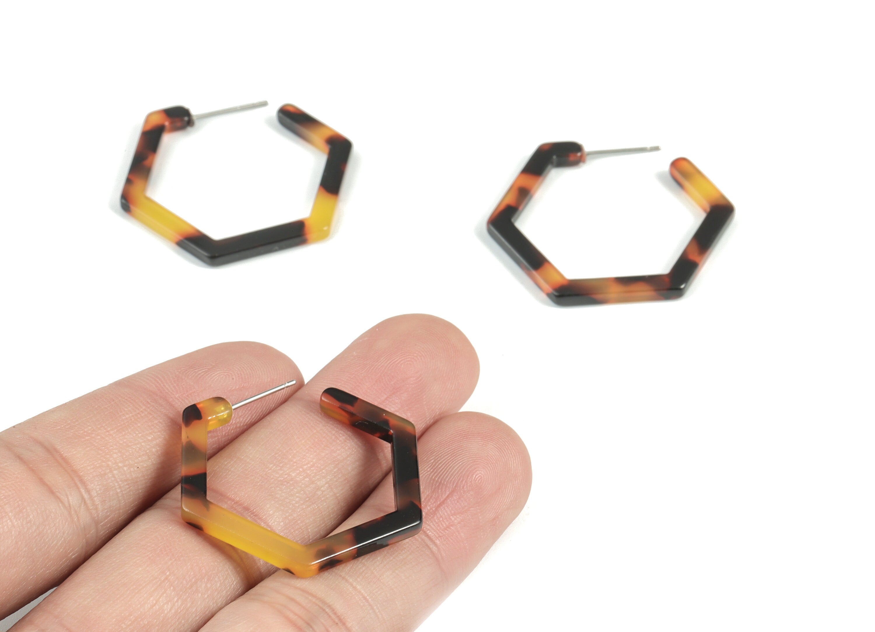 Acetate Open Hexagon Stud Earrings - Tortoise Shell Hexagon Earring Post - Jewelry Making Supplies - Color Code: A01- 30x2.5mm - AC1870-A01 - DOMEDBAZAAR