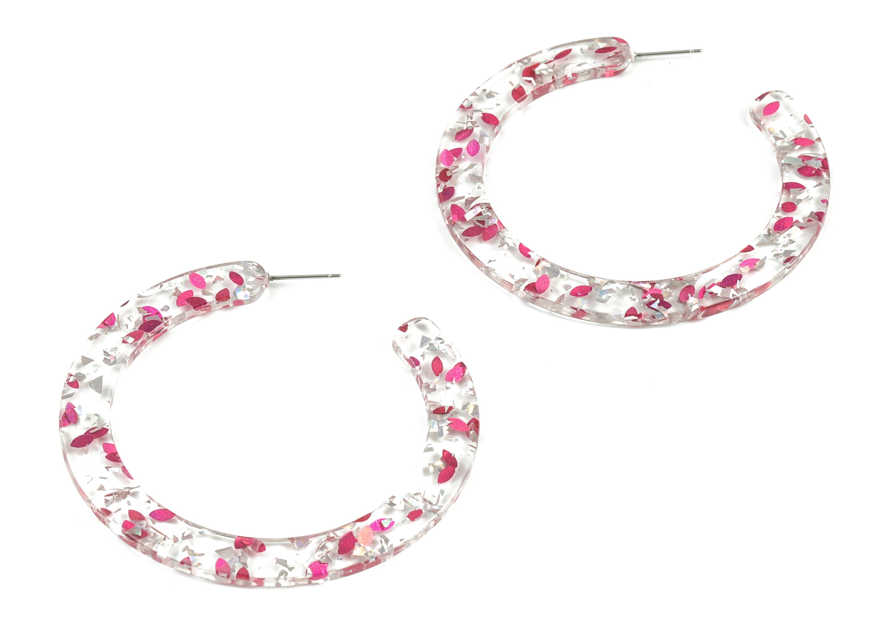 Open Hoop Earrings Stud - 2.5 inch Hoop Earring - Silver Pink Foil Acetate Round Earring Post - Color Code:A438 - 63.5x2.5mm - AC1572-A438 - DOMEDBAZAAR