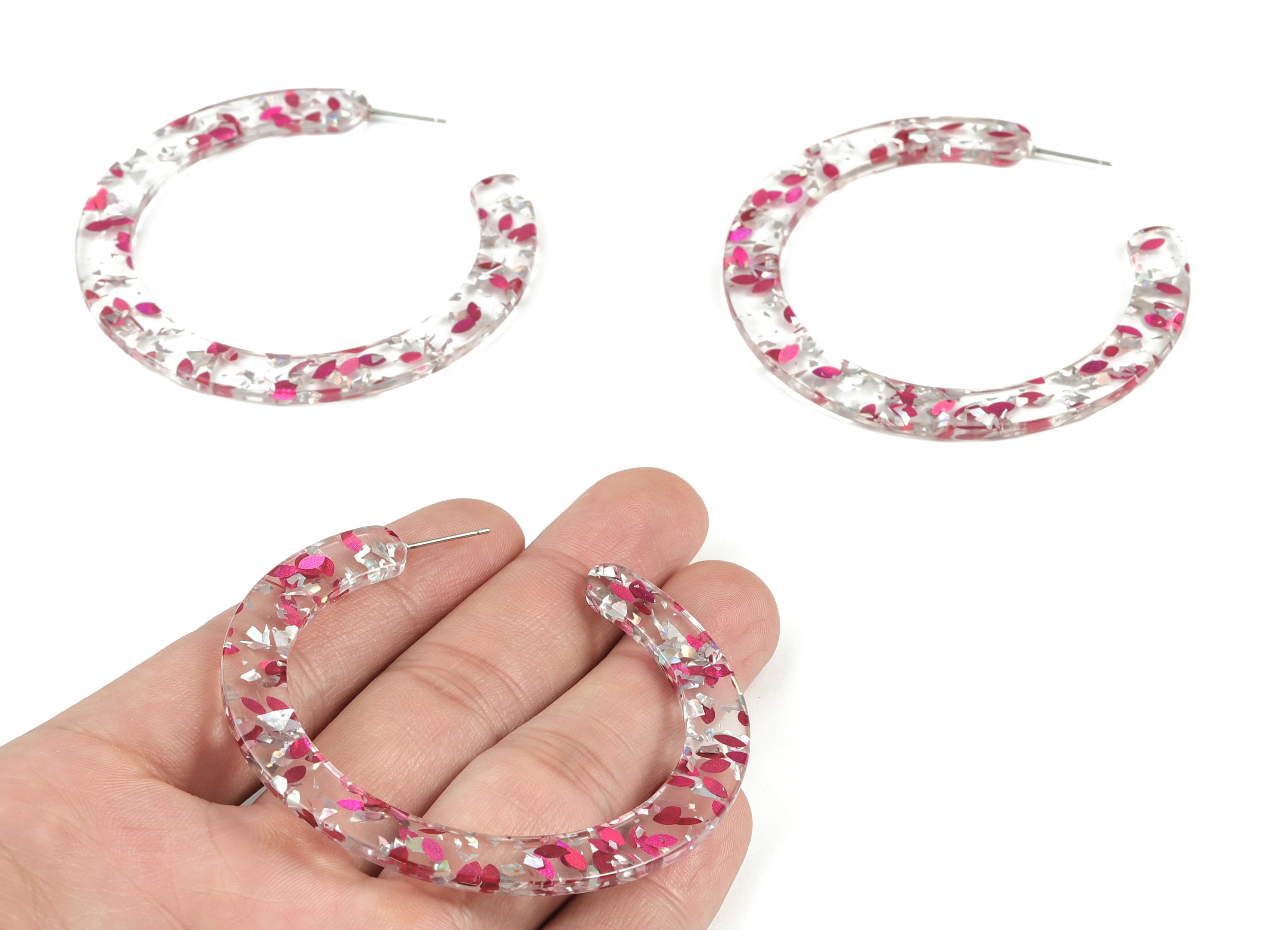 Open Hoop Earrings Stud - 2.5 inch Hoop Earring - Silver Pink Foil Acetate Round Earring Post - Color Code:A438 - 63.5x2.5mm - AC1572-A438 - DOMEDBAZAAR