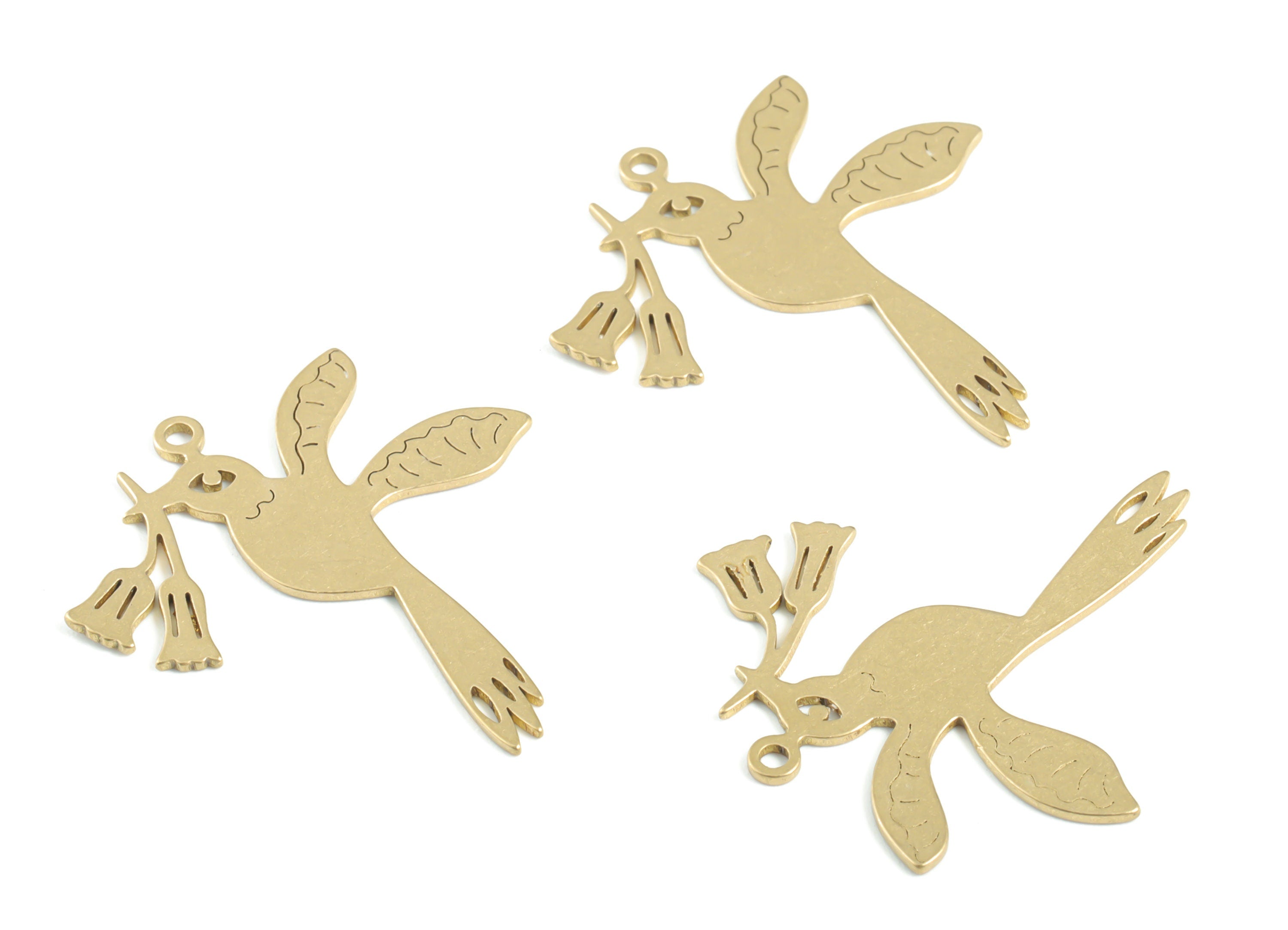 Brass Bird Roses Earring Charms - Raw Brass Flying Bird Flower Pendant - Earring Findings - Jewelry Supplies - 31.45x29.97x0.8mm - PPM3329 - DOMEDBAZAAR
