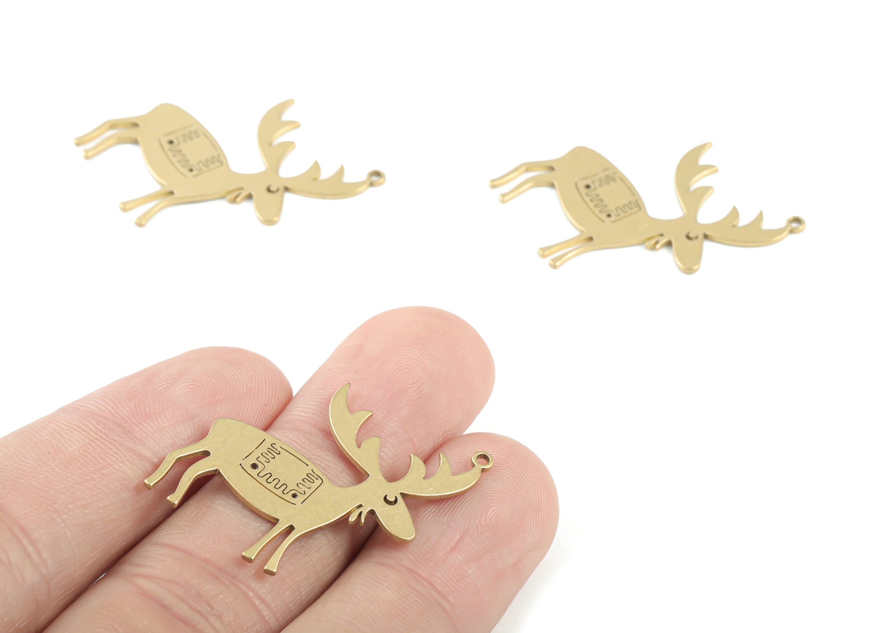 Brass Reindeer Earring Charms - Raw Brass Deer Pendant - Earrings Finding - Jewelry Supplies - 37.22x23.88x0.93mm - PPM3315 - DOMEDBAZAAR