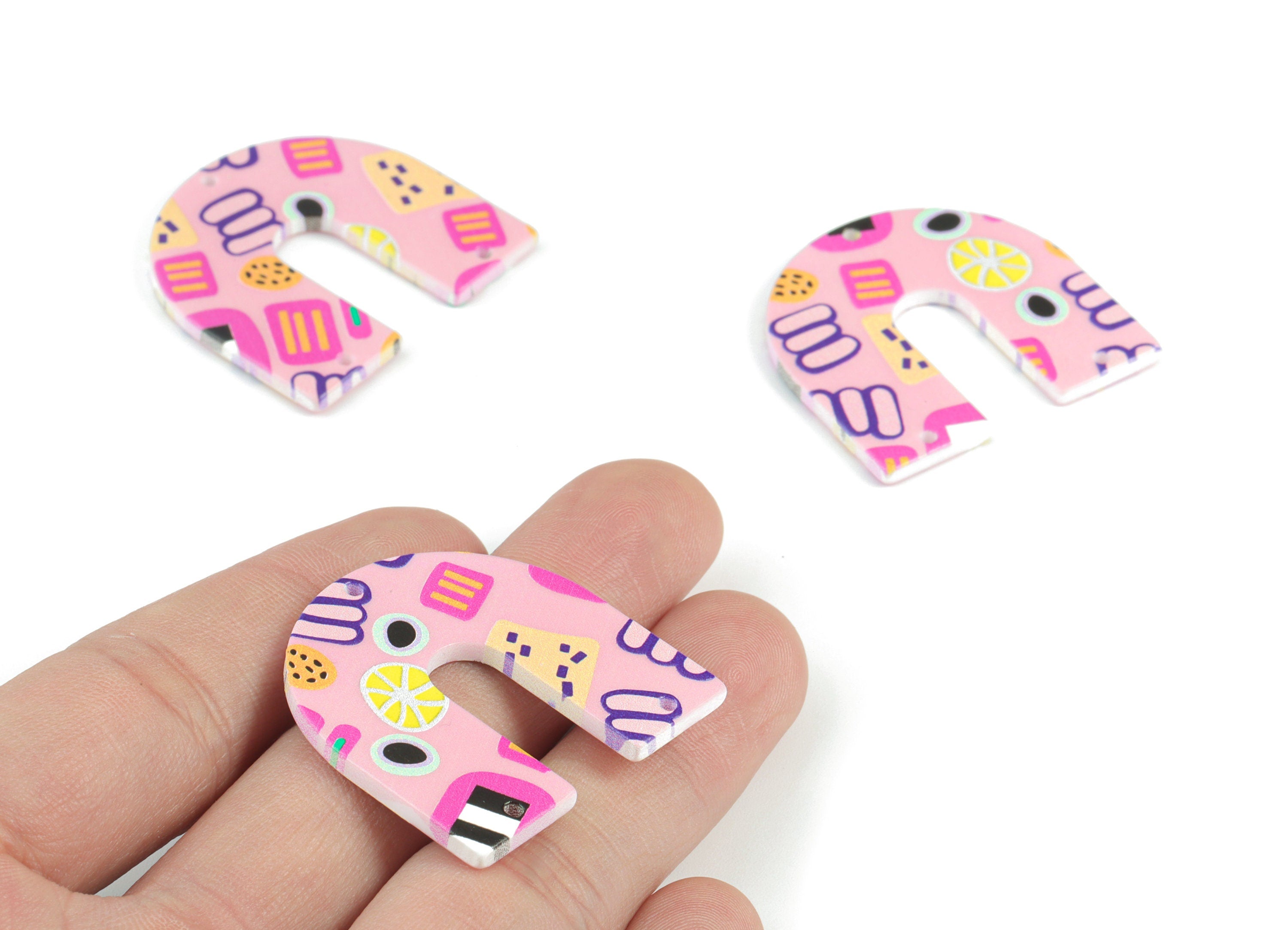 Acrylic U Pink Earring Connector - 3 Holes - Acrylic U Pink Earring Charms and Pendant - Jewelry Supplies - 33.78x35.04x2.43mm - AC2093A - DOMEDBAZAAR