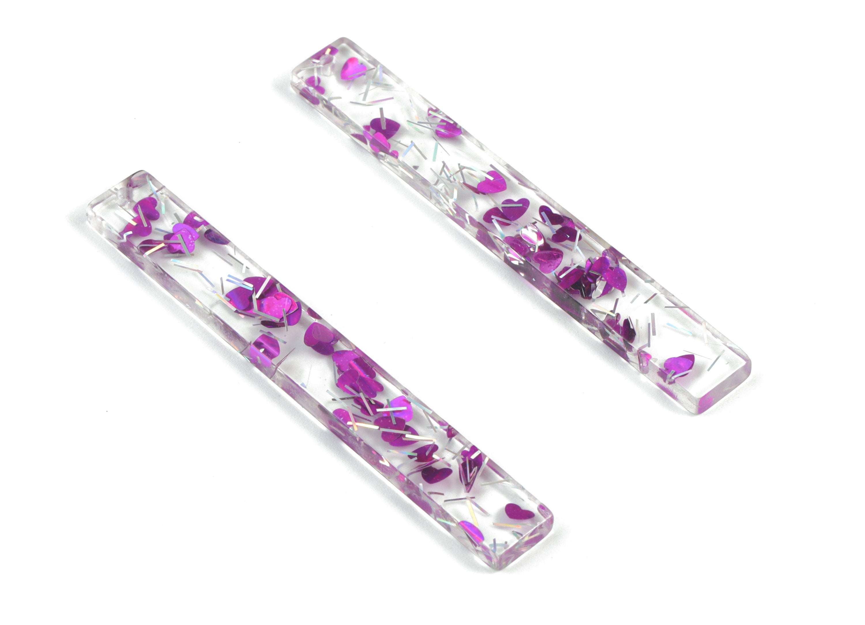 Acrylic Long Stick Earring Charms - Long Rectangle Pendant - Purple Silver Foil & Confetti - Color Code: A538-59.83x7.79x2.8mm - AC1049-A538 - DOMEDBAZAAR