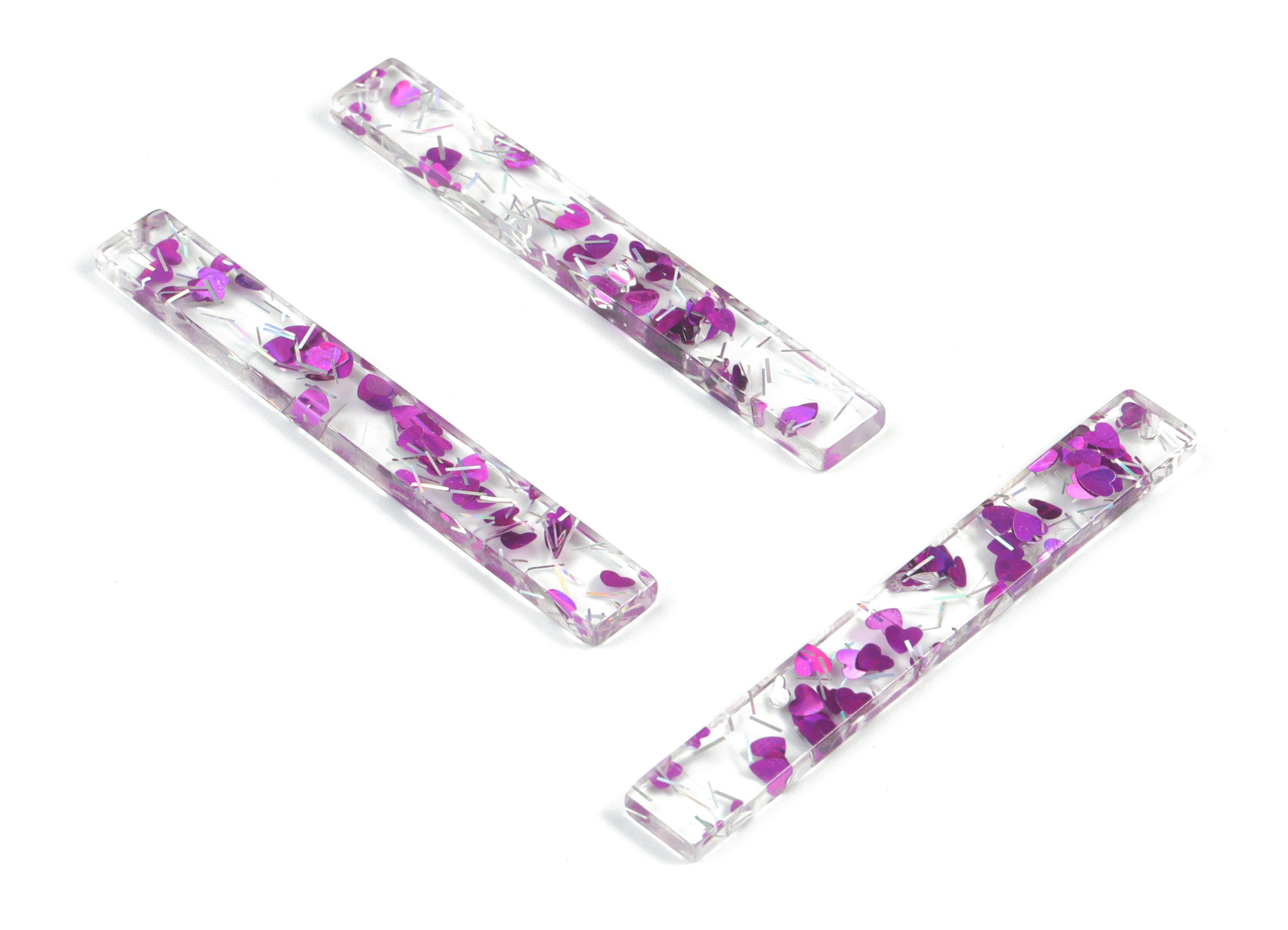 Acrylic Long Stick Earring Charms - Long Rectangle Pendant - Purple Silver Foil & Confetti - Color Code: A538-59.83x7.79x2.8mm - AC1049-A538 - DOMEDBAZAAR
