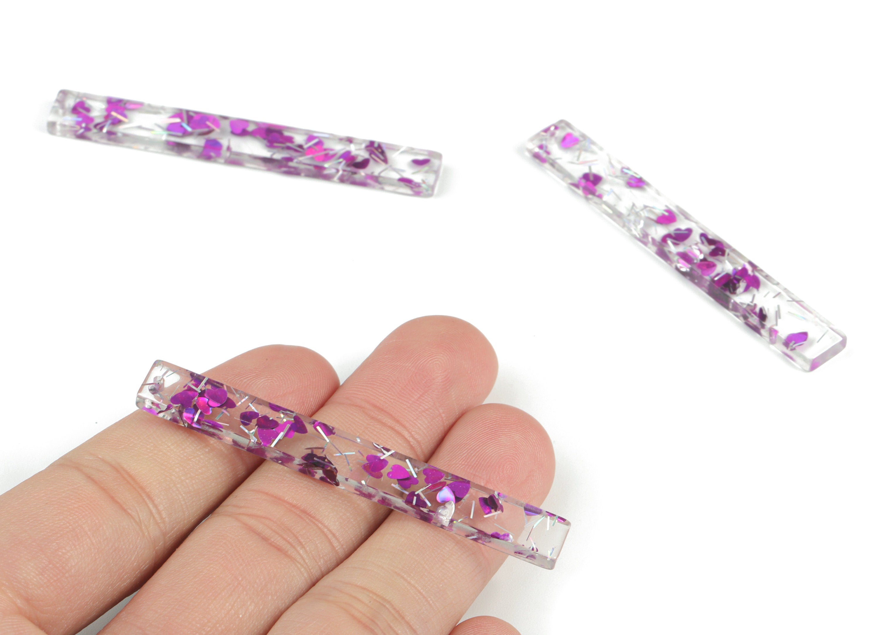 Acrylic Long Stick Earring Charms - Long Rectangle Pendant - Purple Silver Foil & Confetti - Color Code: A538-59.83x7.79x2.8mm - AC1049-A538 - DOMEDBAZAAR