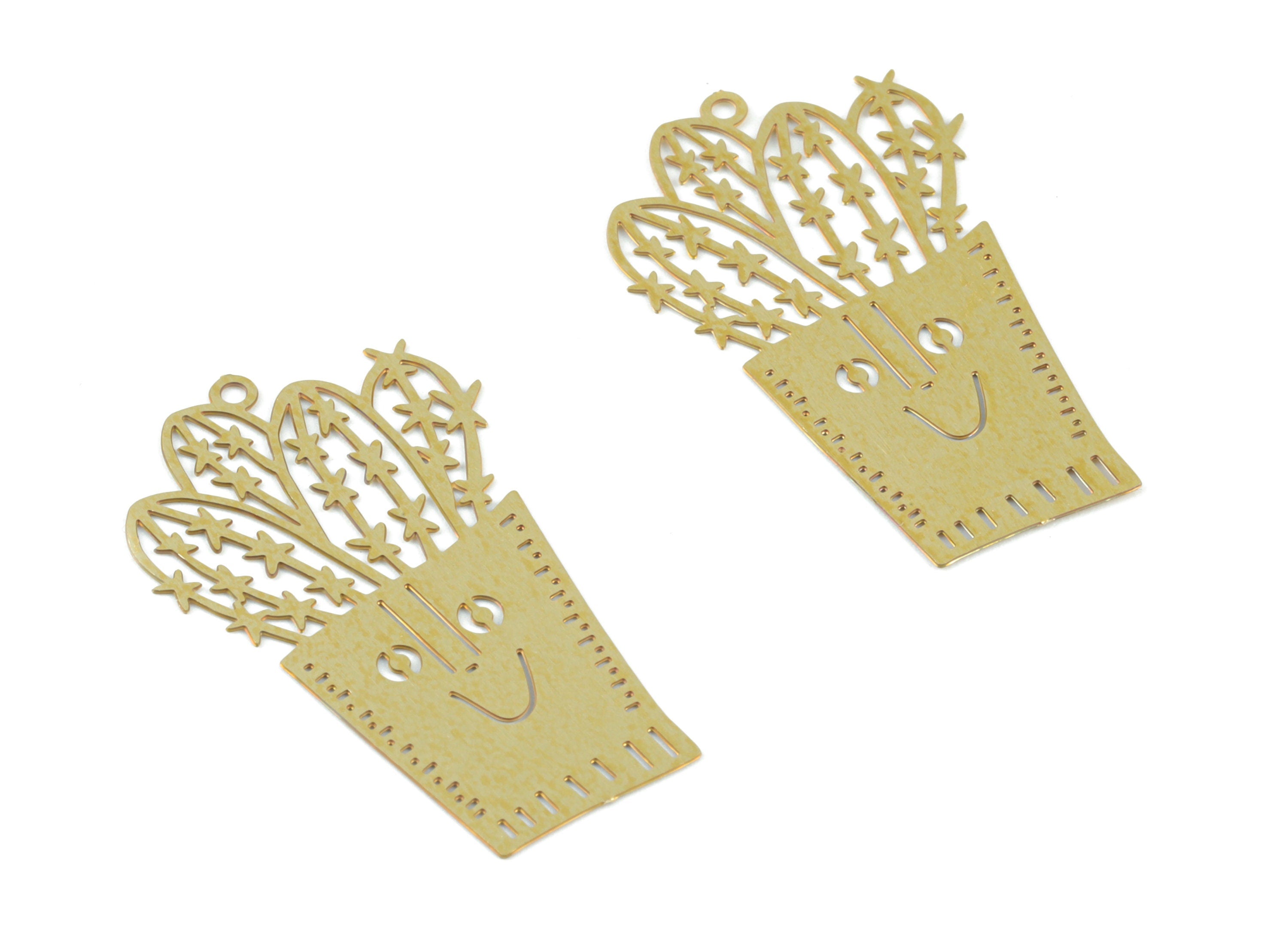 Brass Cactus Earring Charms - Raw Brass Cactus Flower Pot Charms - Earring Findings - Jewelry Supplies - 33.15x20.99x0.29mm - JJB6490 - DOMEDBAZAAR