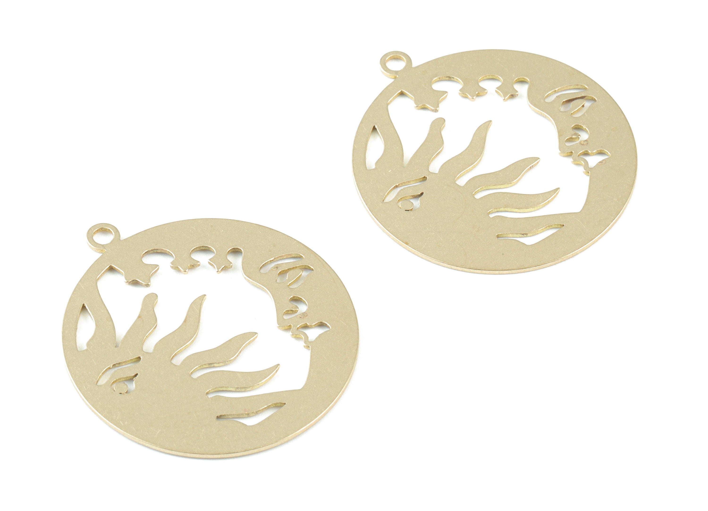 Brass Crescent Sun Faces Pendant - Raw Brass Moon Sun Earring Charms - Jewelry Making Supplies - 31.78x28.41x0.71mm - PPM3762 - DOMEDBAZAAR