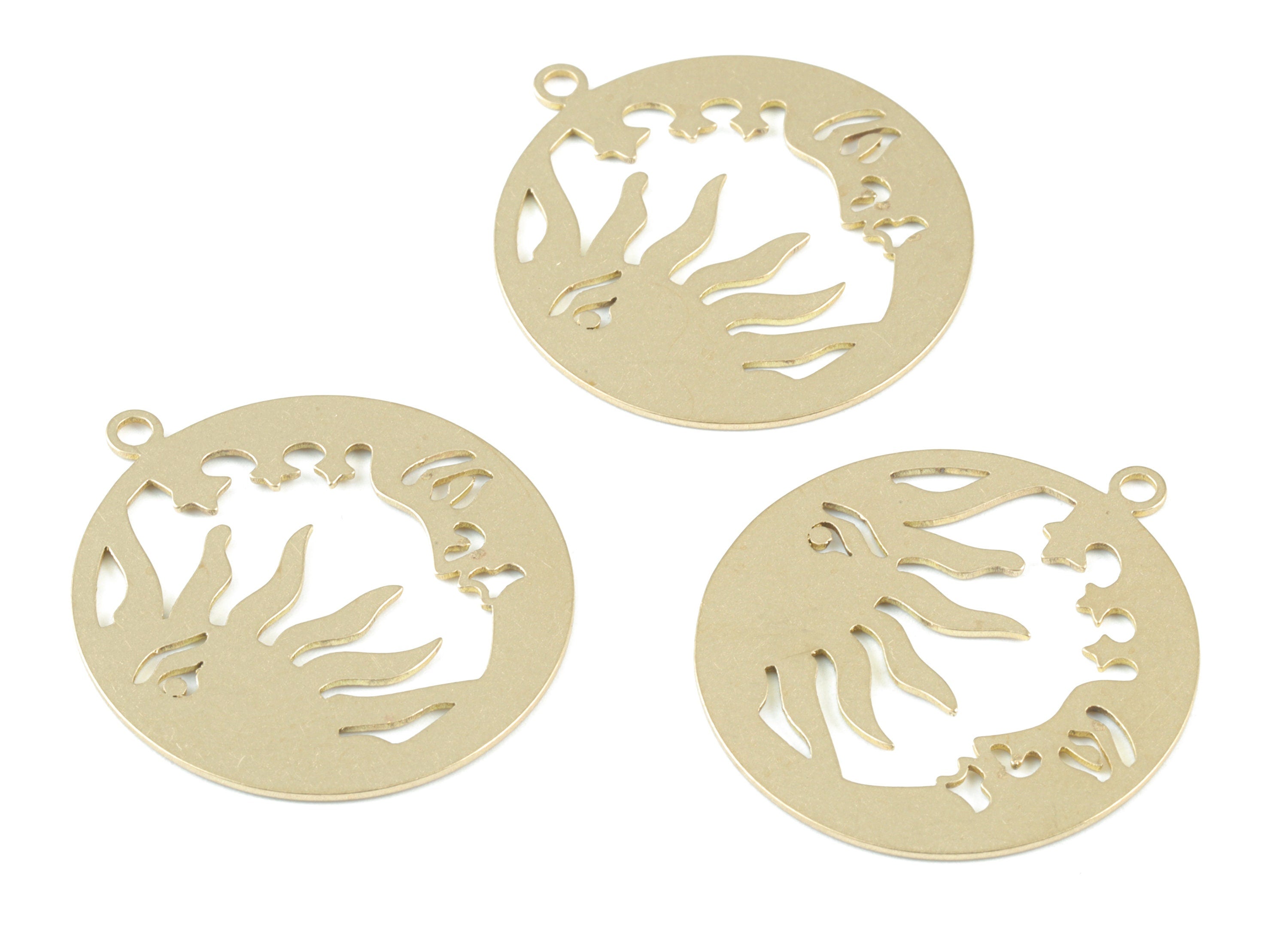Brass Crescent Sun Faces Pendant - Raw Brass Moon Sun Earring Charms - Jewelry Making Supplies - 31.78x28.41x0.71mm - PPM3762 - DOMEDBAZAAR
