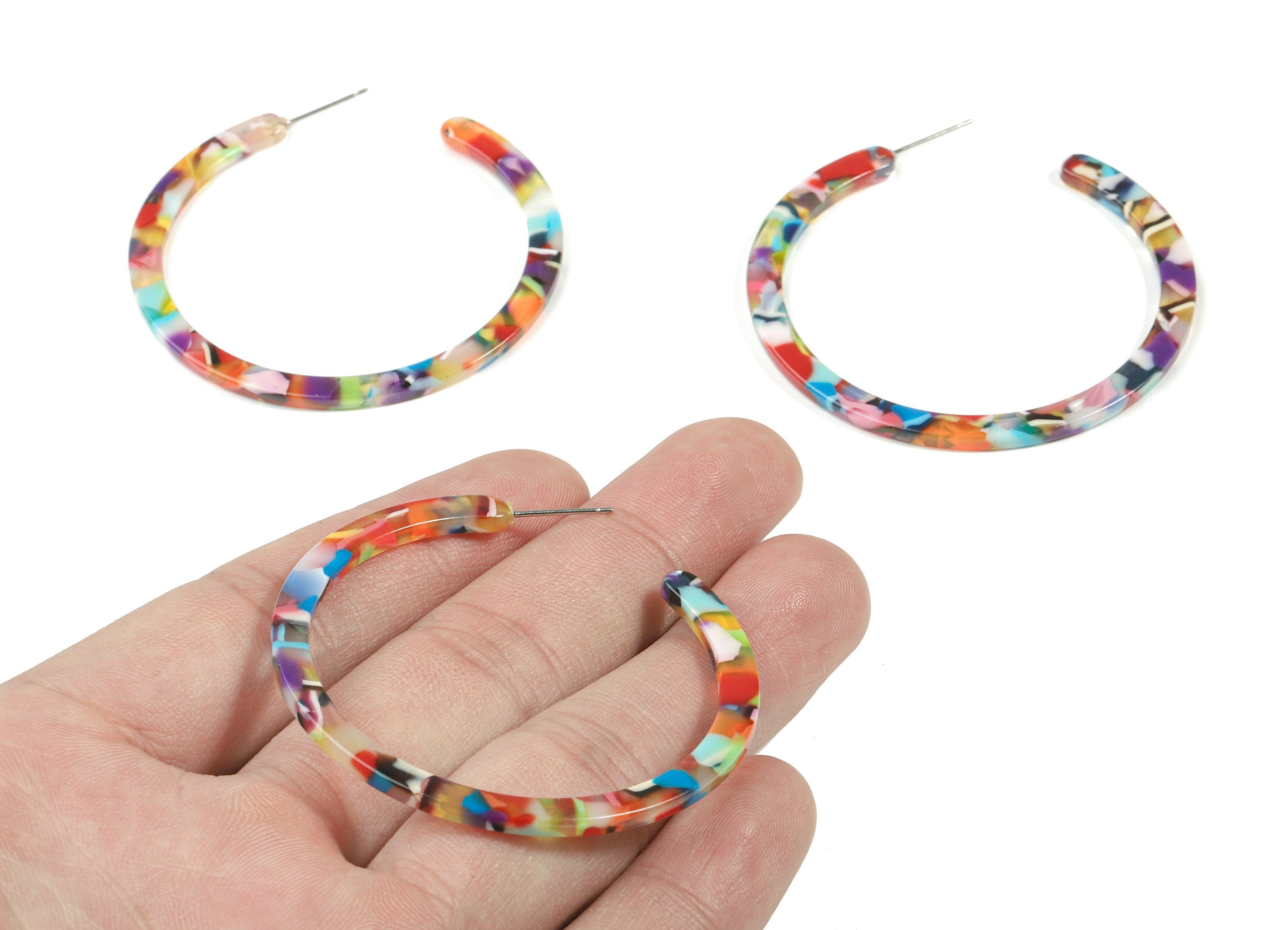 Open Hoop Earrings Stud - 2 inch Hoop Earring - Rainbow Color Round Earring Post - Color Code: A21 - 52.8x49.6x2.65mm - AC1836-A21 - DOMEDBAZAAR