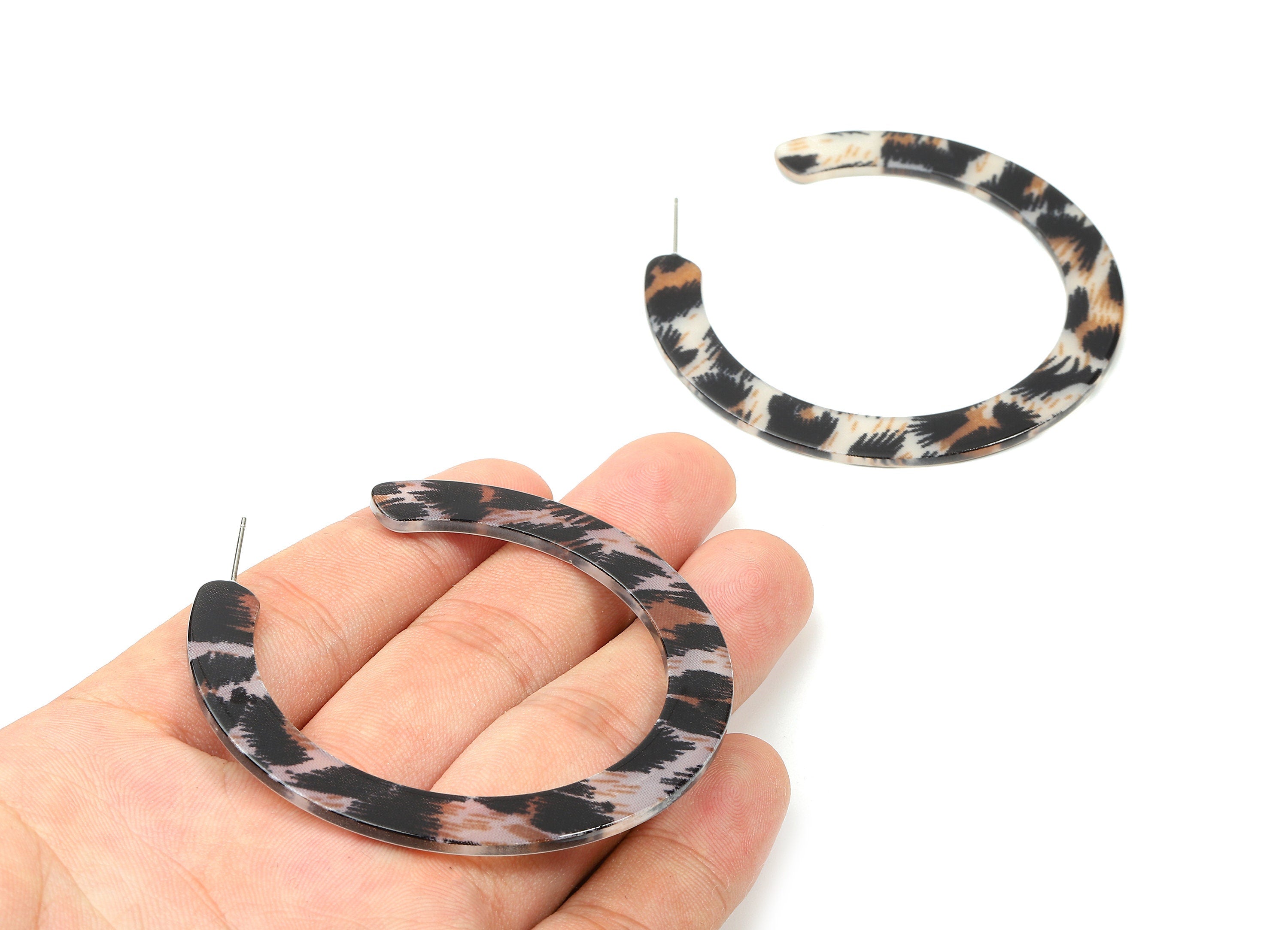 Open Hoop Earrings Stud - 2.5 inch Hoop Earring - Leopard Acetate Round Earring Post Circle - Color Code: A266 - 63.5x2.5mm - AC1572-A266 - DOMEDBAZAAR