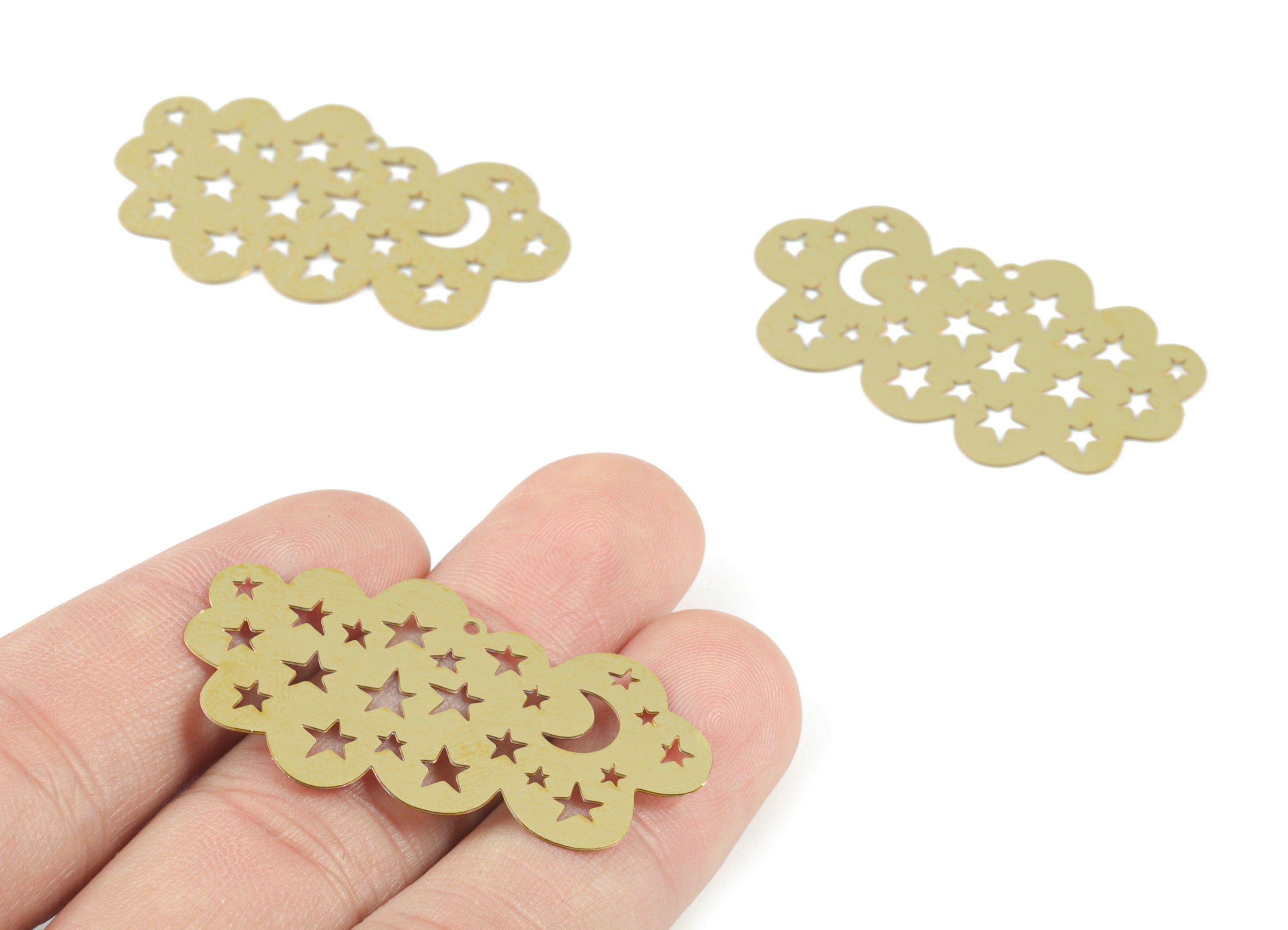 Brass Stars Crescent Cloud Earring Charms - Raw Brass Cloud Star Moon Pendant - Jewelry Supplies - 41.7x24.83x0.29mm - JJB6484 - DOMEDBAZAAR