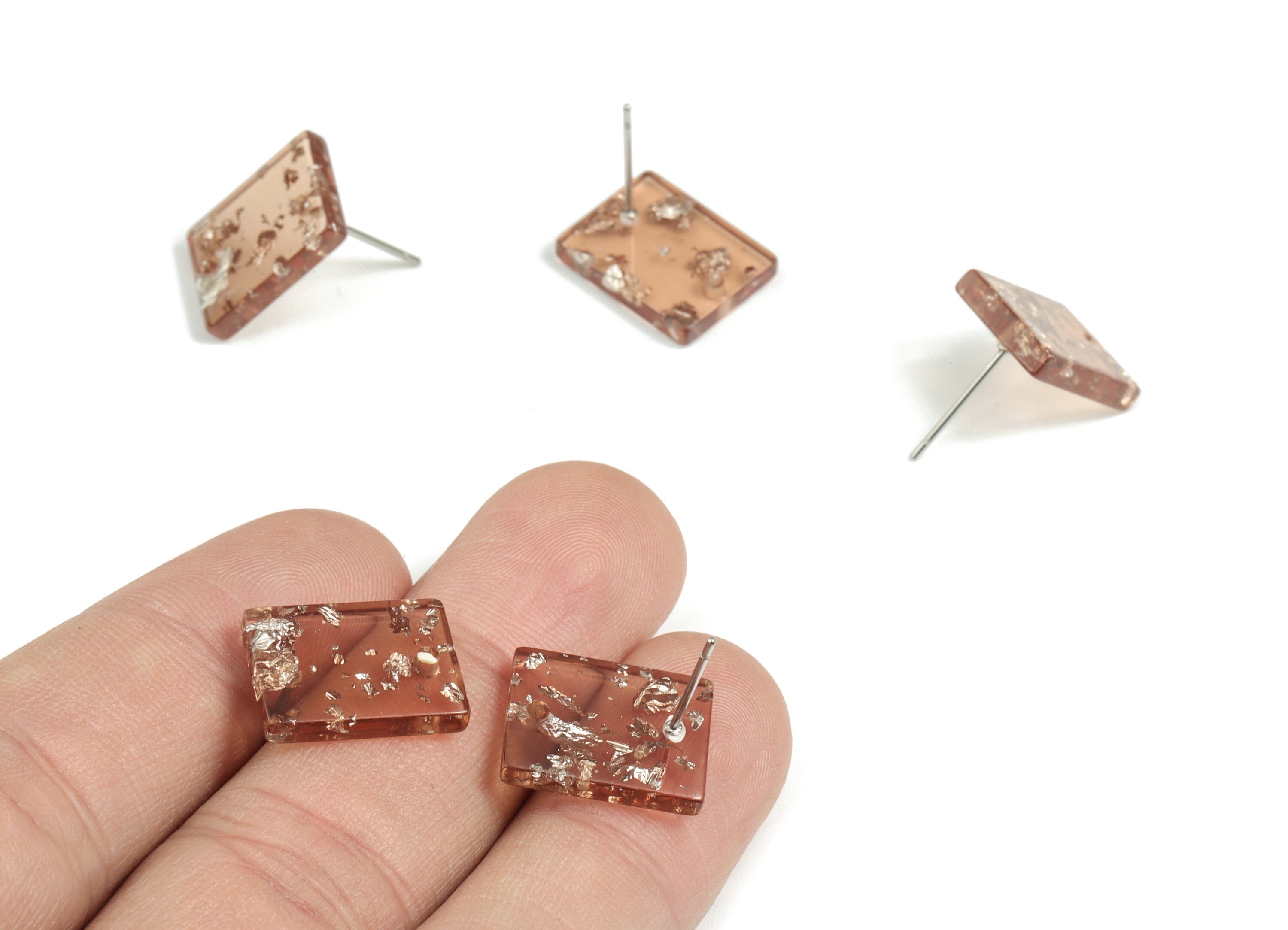 Acetate Rectangle Earring Stud - Brown & Silver Confetti - Rectangle Earring Post - Color Code: A509 - 15.43x11.72x2.5mm- AC1663-A509 - DOMEDBAZAAR