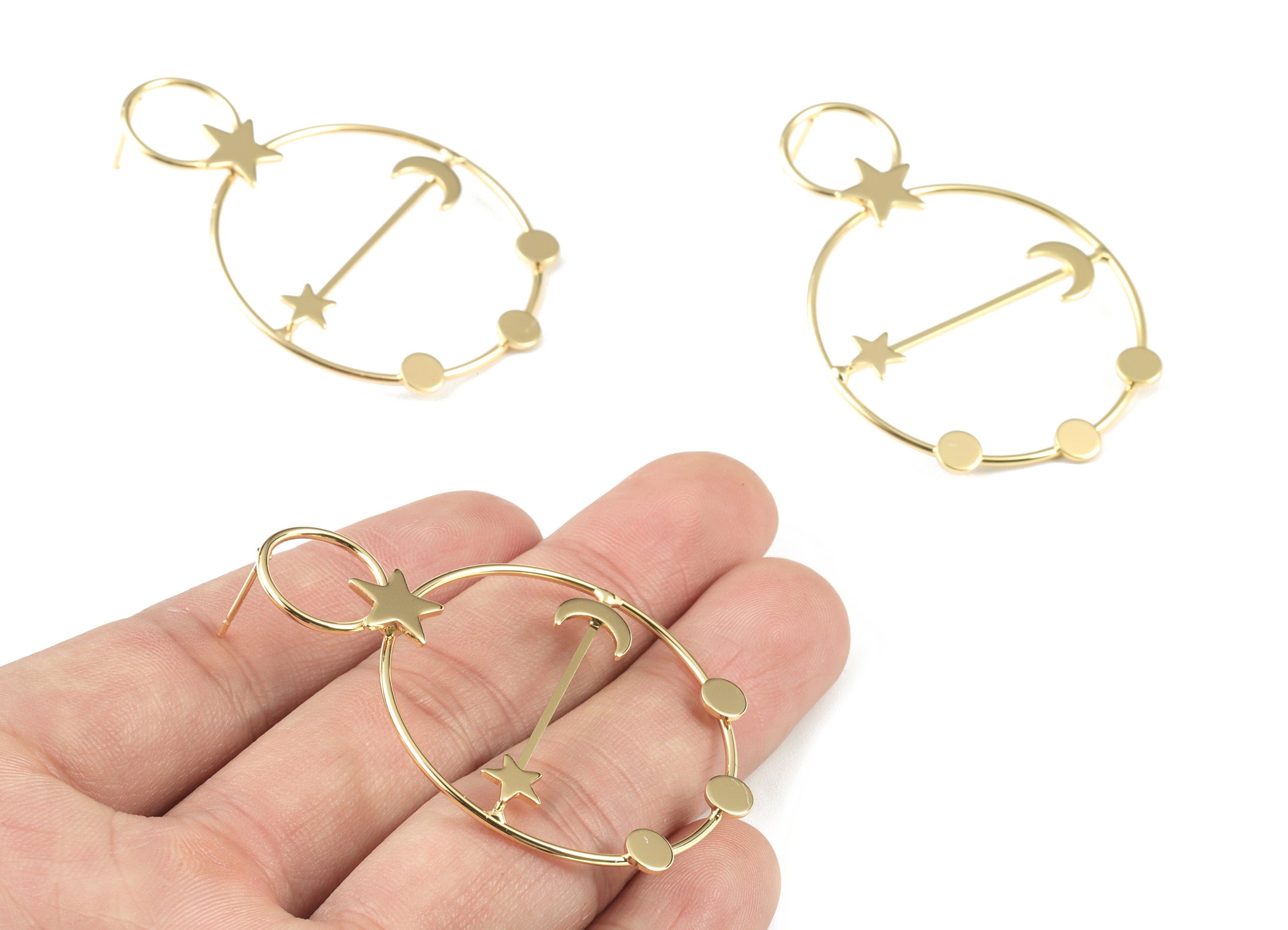 Gold Hoops Stud Earring - 18K Real Gold Brass Stars Moons Earring Post - Jewelry Supplies - 55.06x37.88x12.96mm - RGP2742 - DOMEDBAZAAR