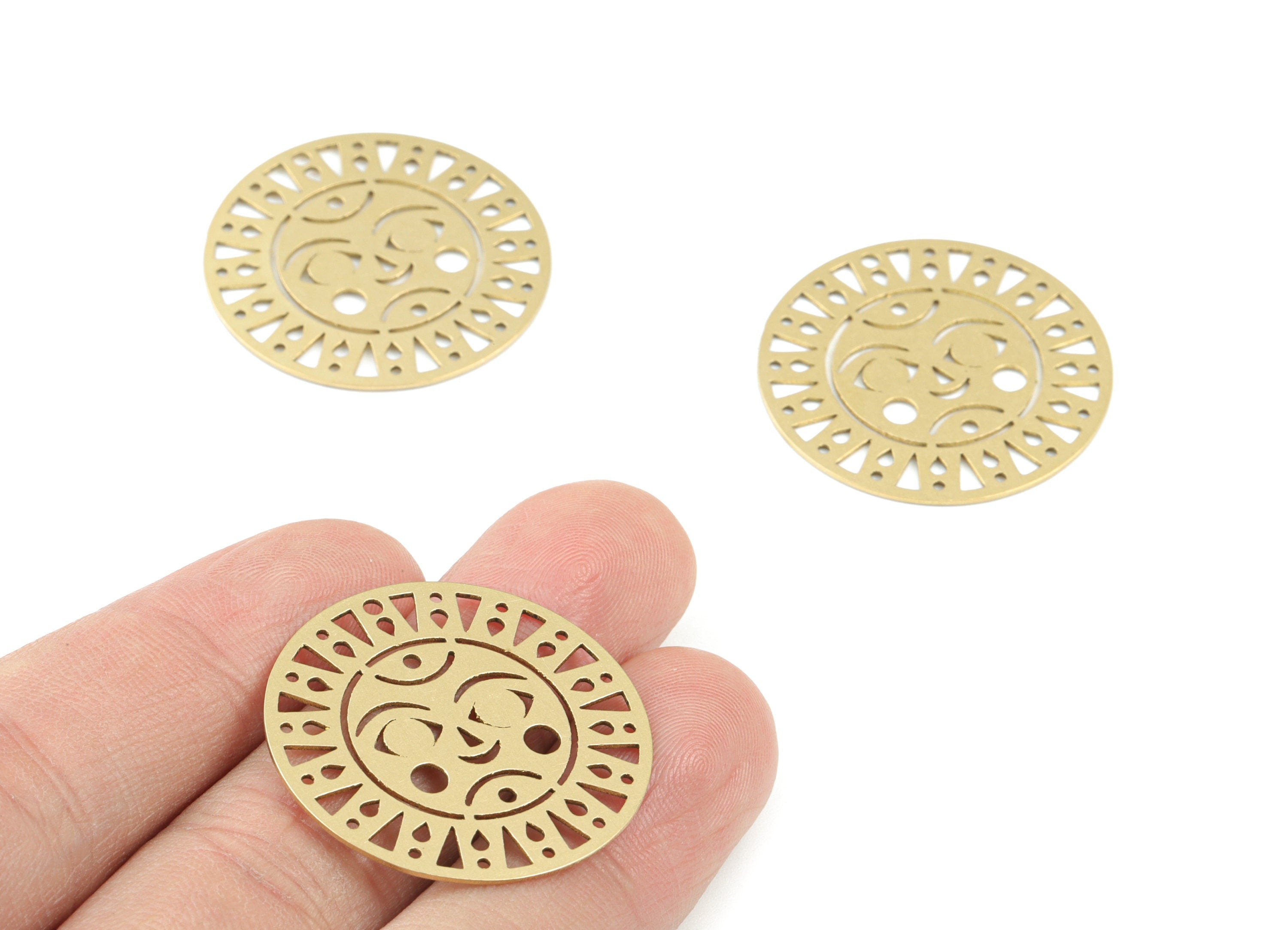 Sun Face Circle Pendant - Raw Brass Sun Face Round Earring Charms  - Jewelry Making Supplies - 30x30 x0.6mm - PPM3588 - DOMEDBAZAAR