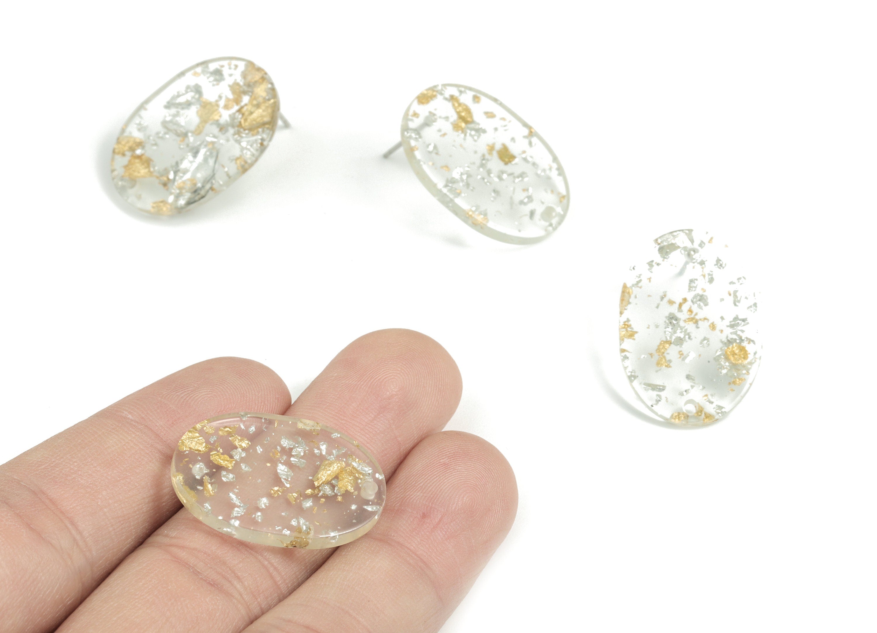 Acetate Oval Earring Stud - Gold Silver Foil & Confetti Oval Earring Post and Stud - Color Code: A501 - 26x19x2.6mm - AC1002-A501 - DOMEDBAZAAR