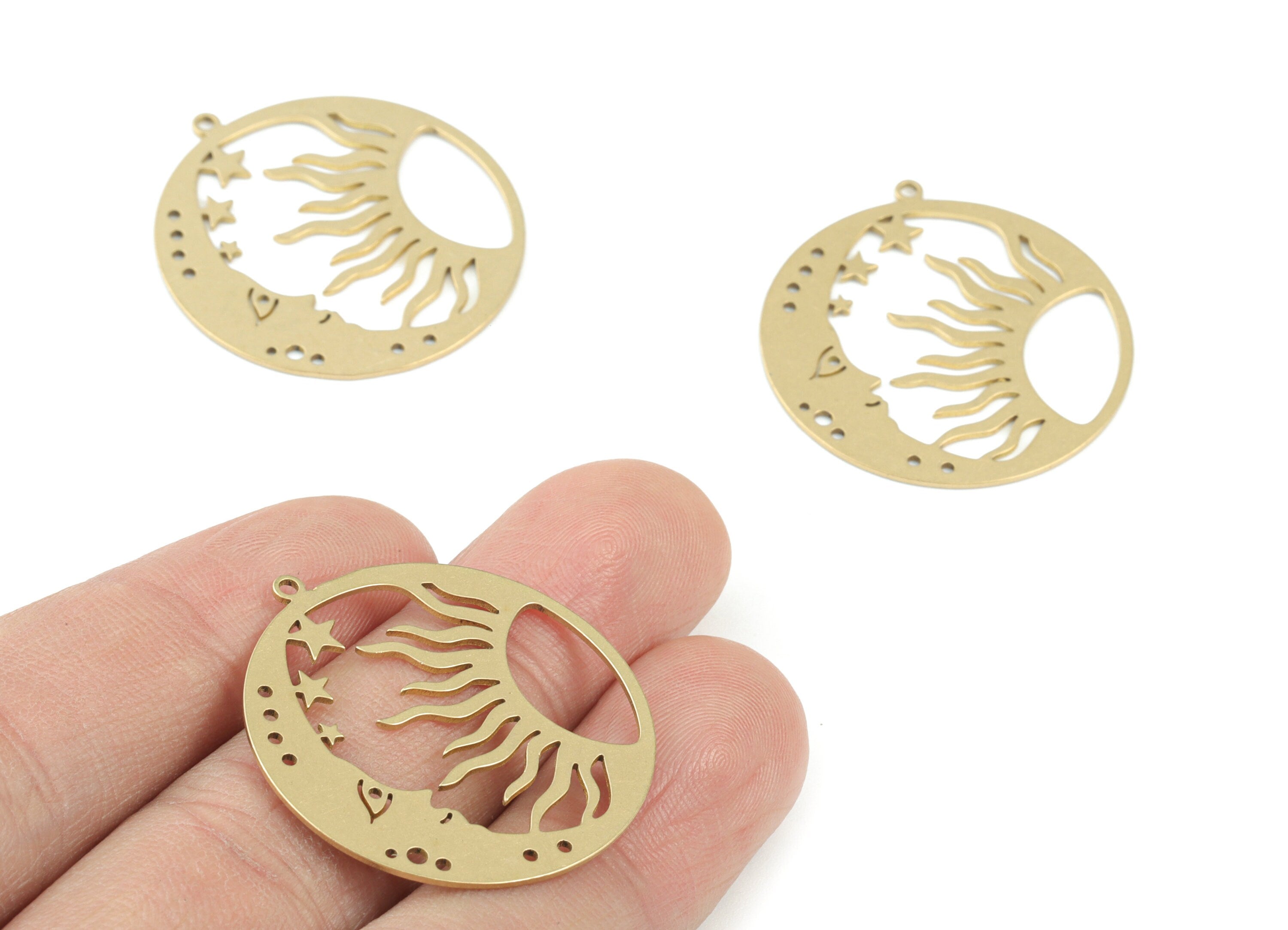 Moon Sun Circle Pendant - Raw Brass Face Moon Sun Earring Charms - Brass Round Charms - Jewelry Making Supplies - 32x30x0.8mm - PPM3656 - DOMEDBAZAAR