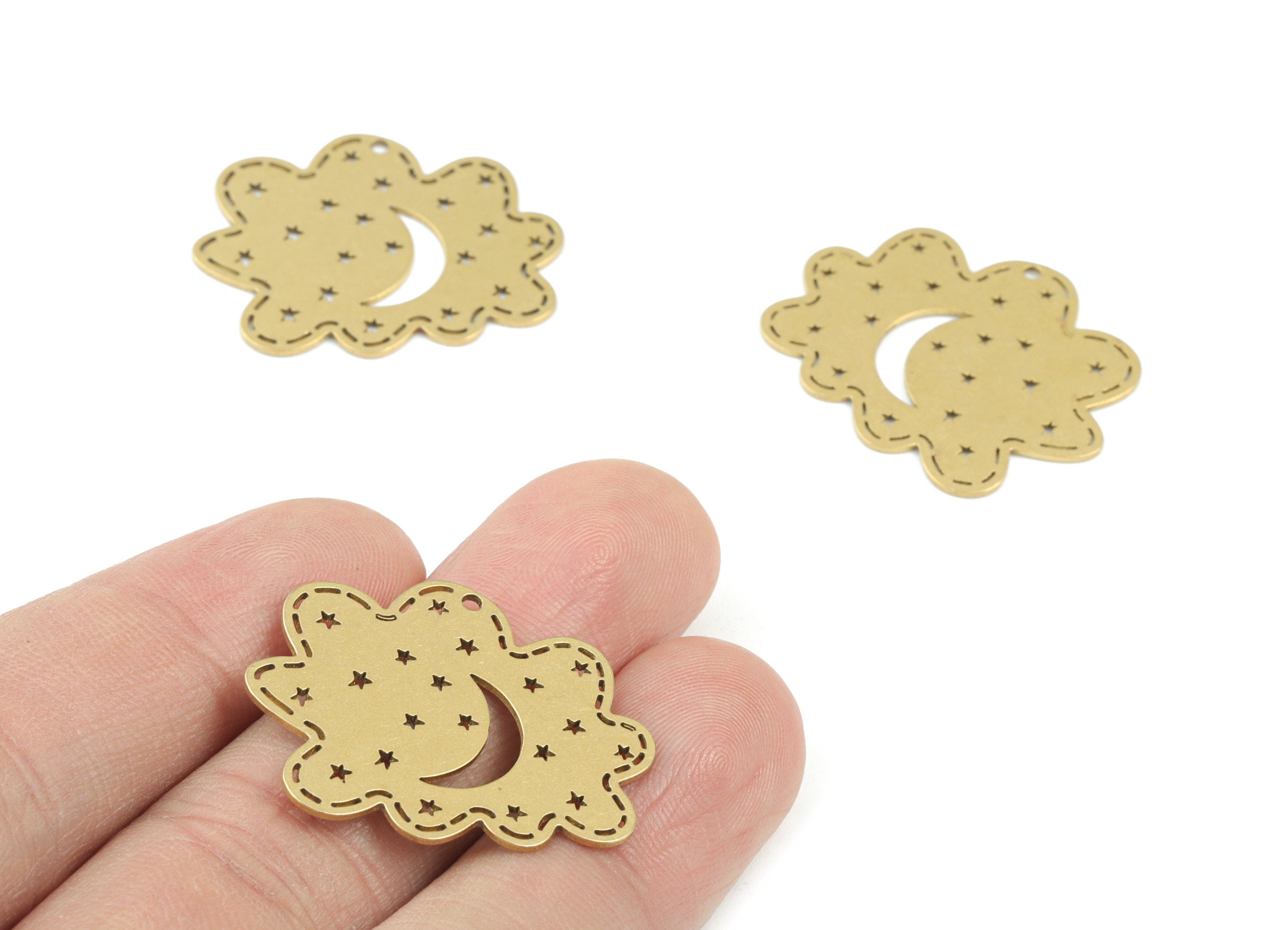 Cloud  Stars Crescent Pendant - Raw Brass Cloud Moon Earring Charms - Brass Cloud Earrings - Jewelry Making Supplies - 30x24x0.7mm - PPM3581 - DOMEDBAZAAR