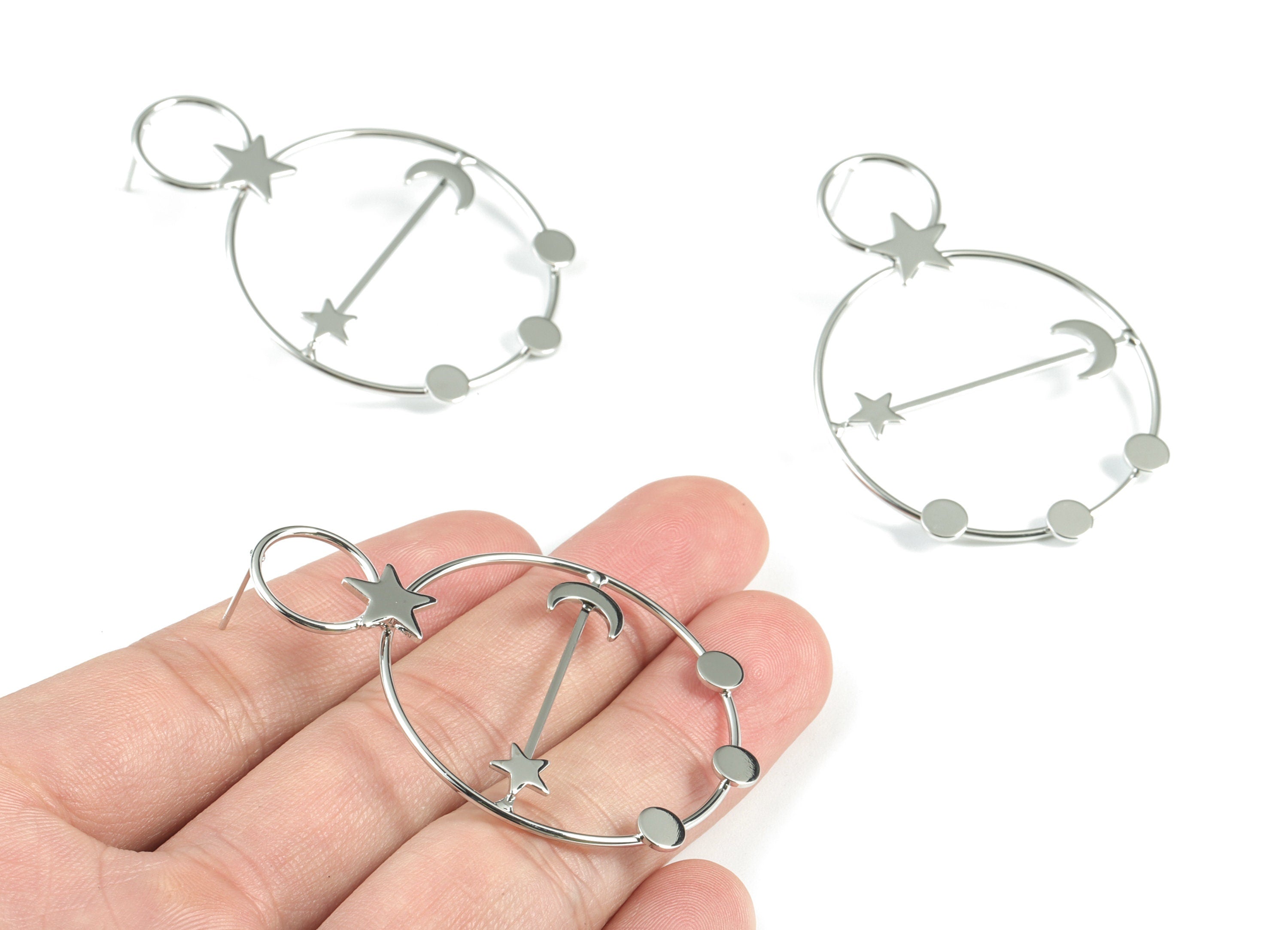Silver Hoops Stud Earring - 18K Real White Gold Brass Stars Moons Earring Post - Jewelry Supplies - 55.06x37.88x12.96mm - RGP2742S - DOMEDBAZAAR
