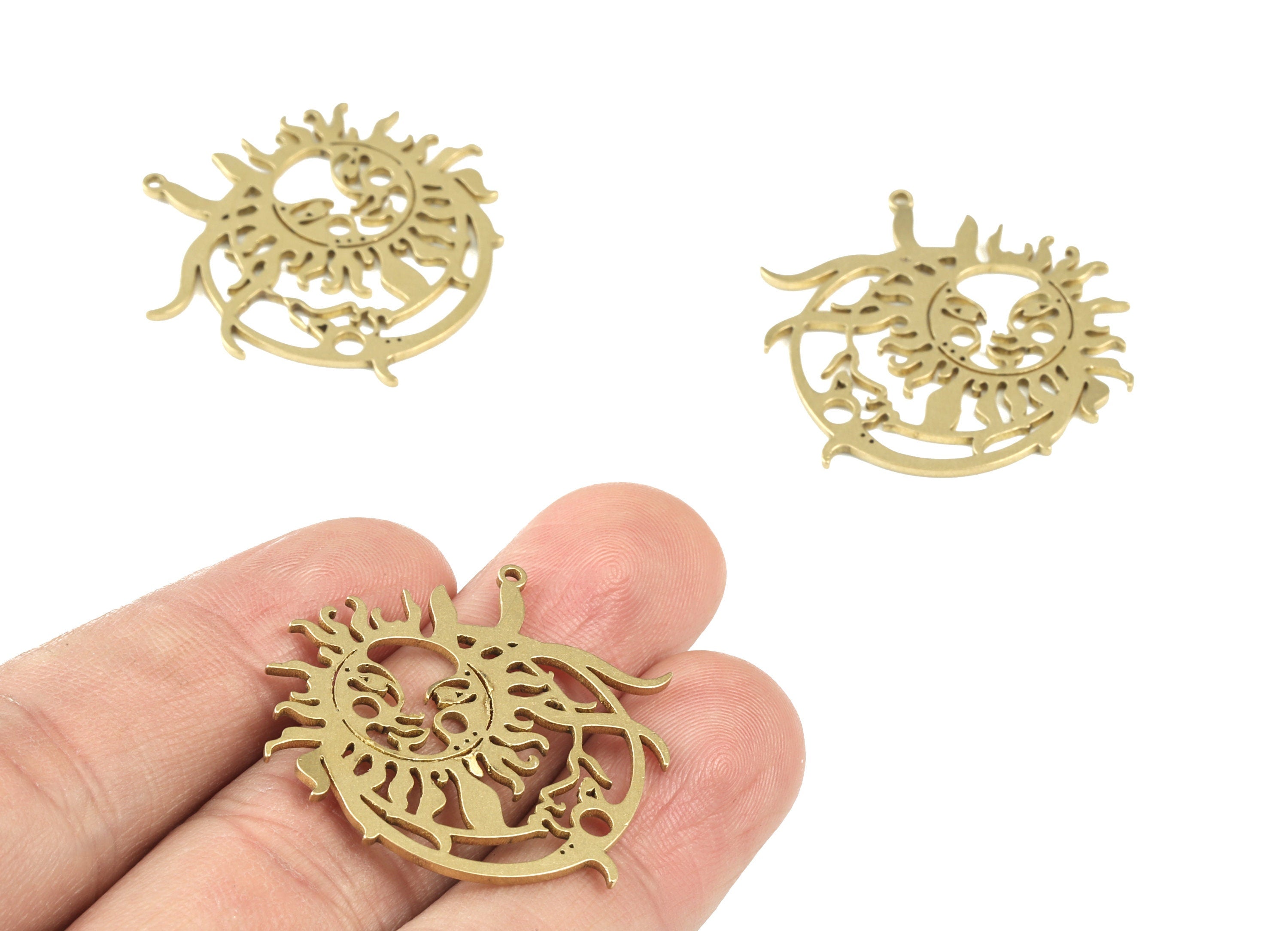 Fire Crescent Sun Faces Pendant - Raw Brass Fire Moon Sun Earring Charms - Jewelry Supplies - 32x32x1mm - PPM3717 - DOMEDBAZAAR
