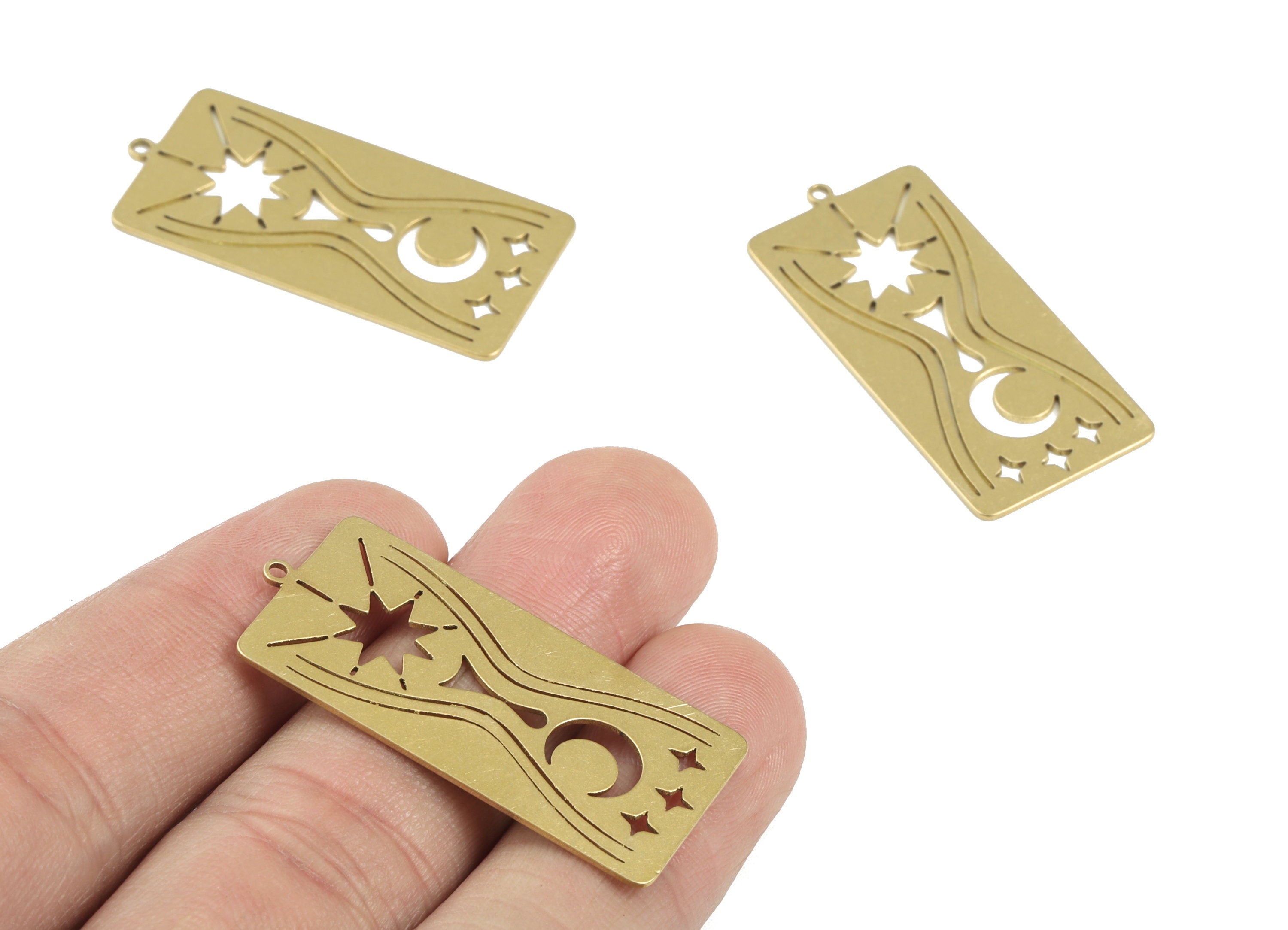 Rectangle Crescent Star Pendant - Raw Brass Rectangle Earring Charms - Jewelry Supplies - 38x18x0.7mm - PPM3709 - DOMEDBAZAAR