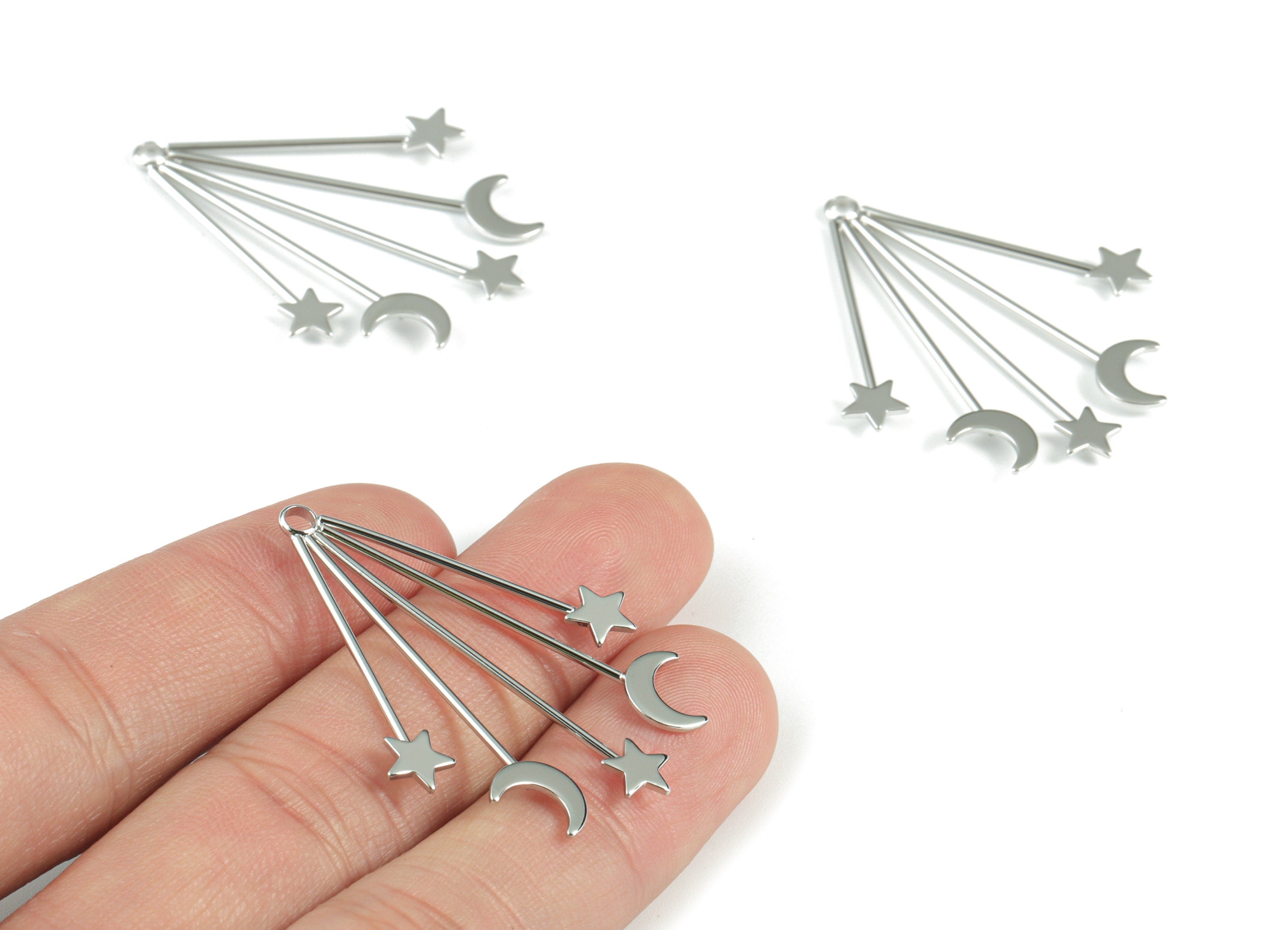 Silver Stars Moon Earring Charms - 18K Real White Gold Plated Stars Moons Pendant - Jewelry Supplies - 40.62x30.69x2.04mm - RGP2748S - DOMEDBAZAAR