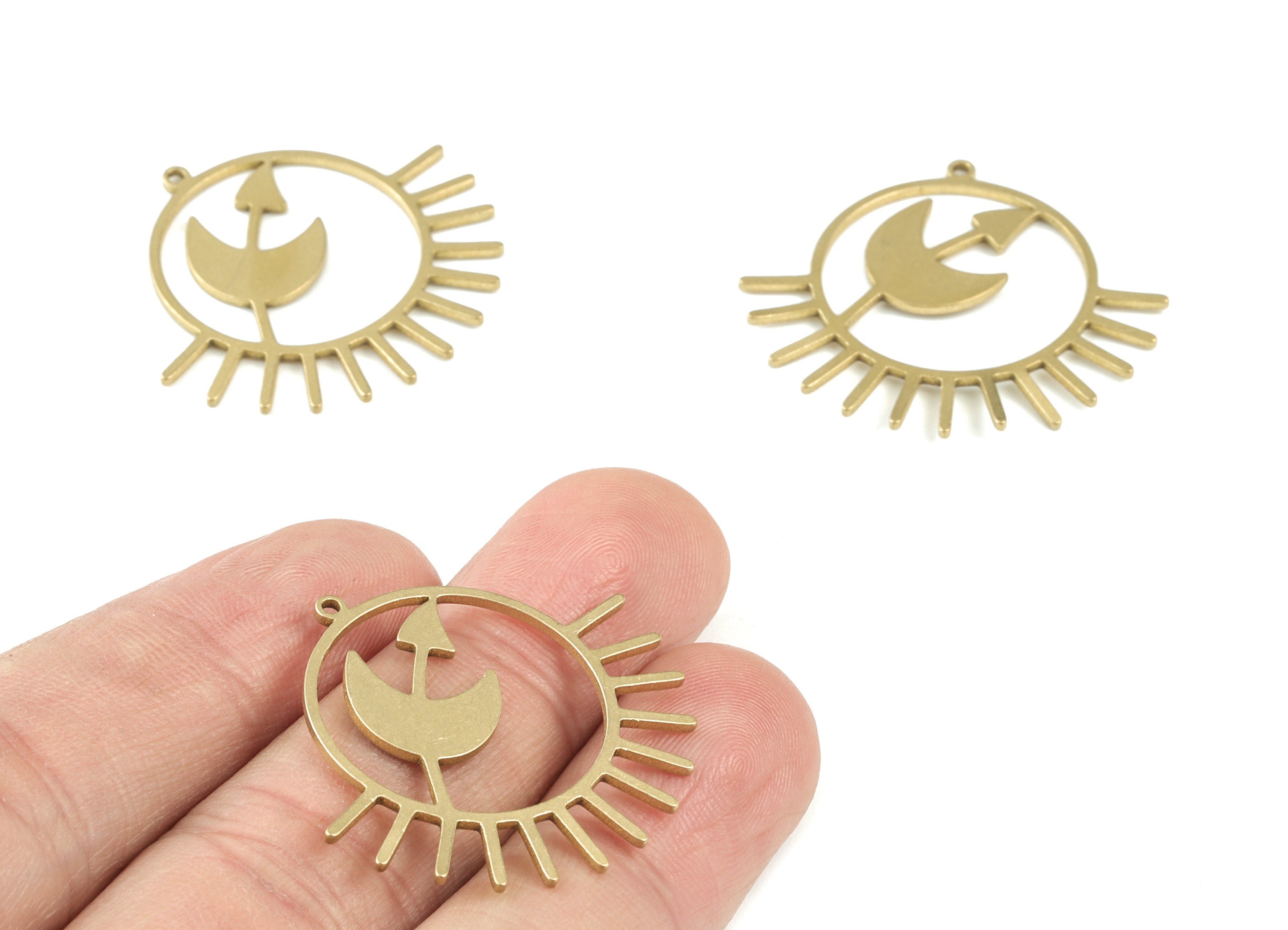 Circle Crescent Sun Pendant - Raw Brass Arrow Moon Sun Earring Charms - Jewelry Making Supplies - 34x30x1.4mm - PPM3502 - DOMEDBAZAAR
