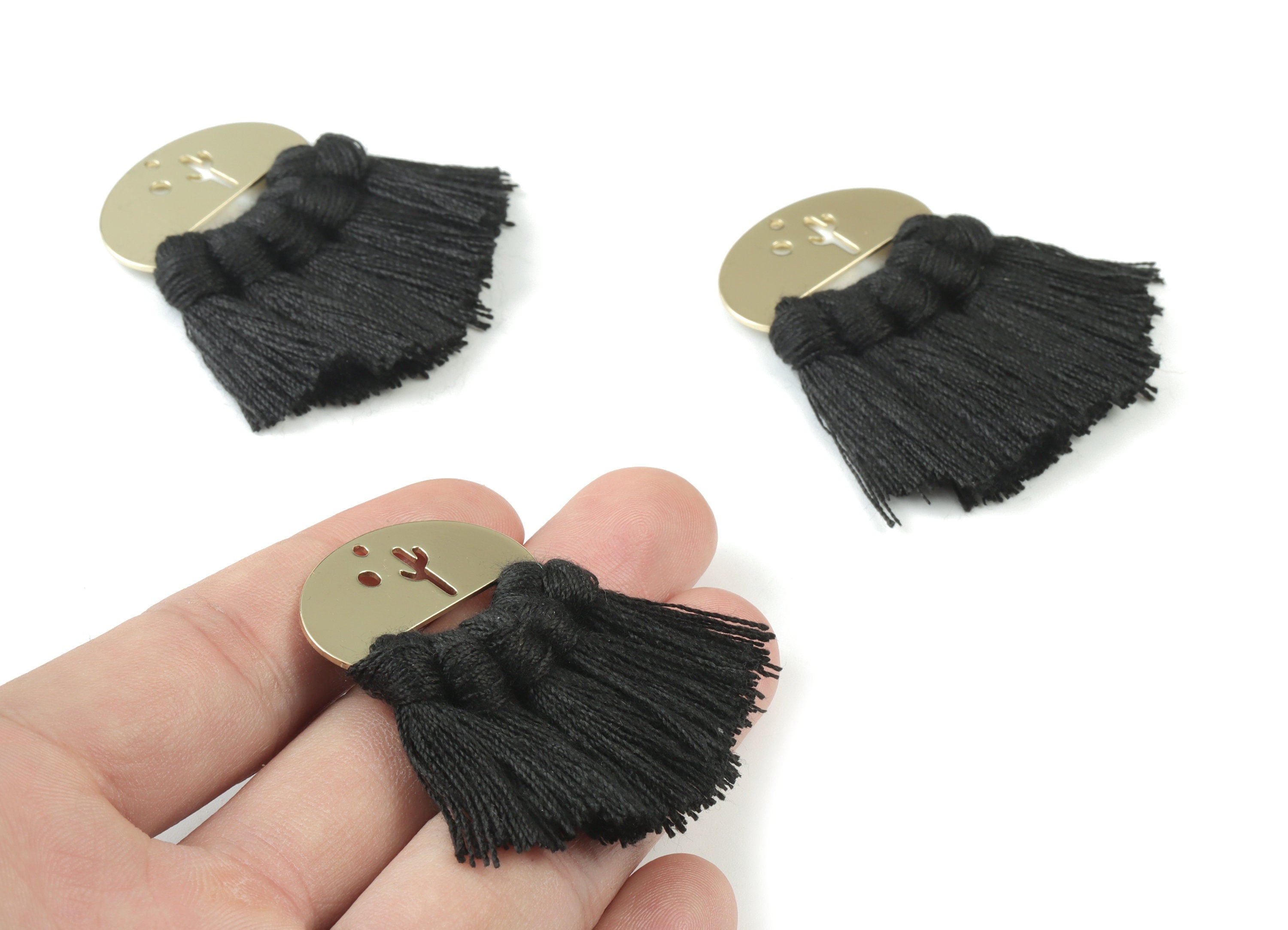 Gold Tone Plated Oval Brass - Oval Tassel Earring Charms - Cotton Black Tassels - Fringe Tassel - 45.4x30.1x3.75mm - TSM3068B - DOMEDBAZAAR