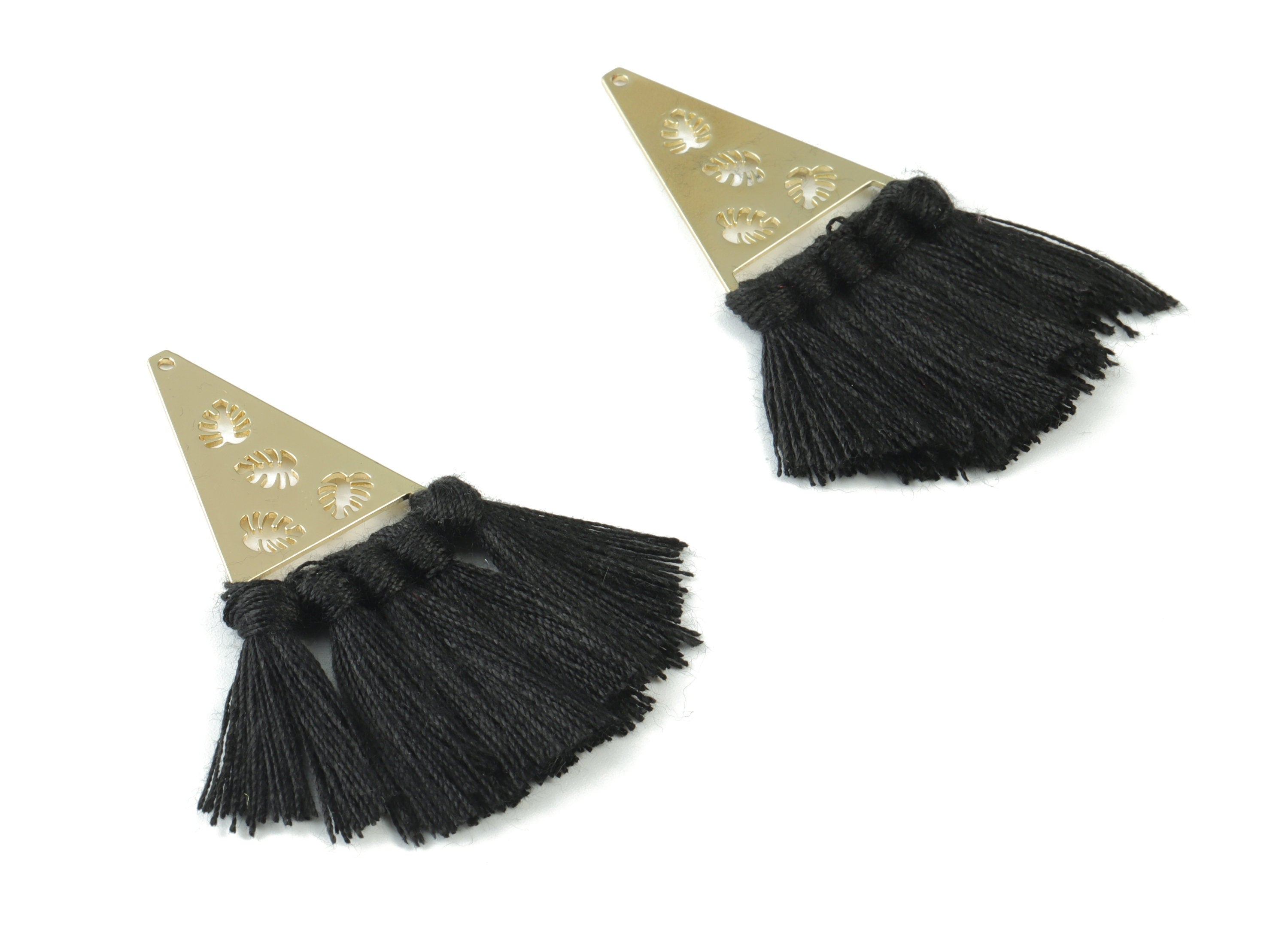 Gold Tone Plated Triangle Brass Cotton - Triangle Tassel Earring Charms - Black Tassels - Fringe Tassel - 64.98x24.92x3.41mm - TSM3084B - DOMEDBAZAAR