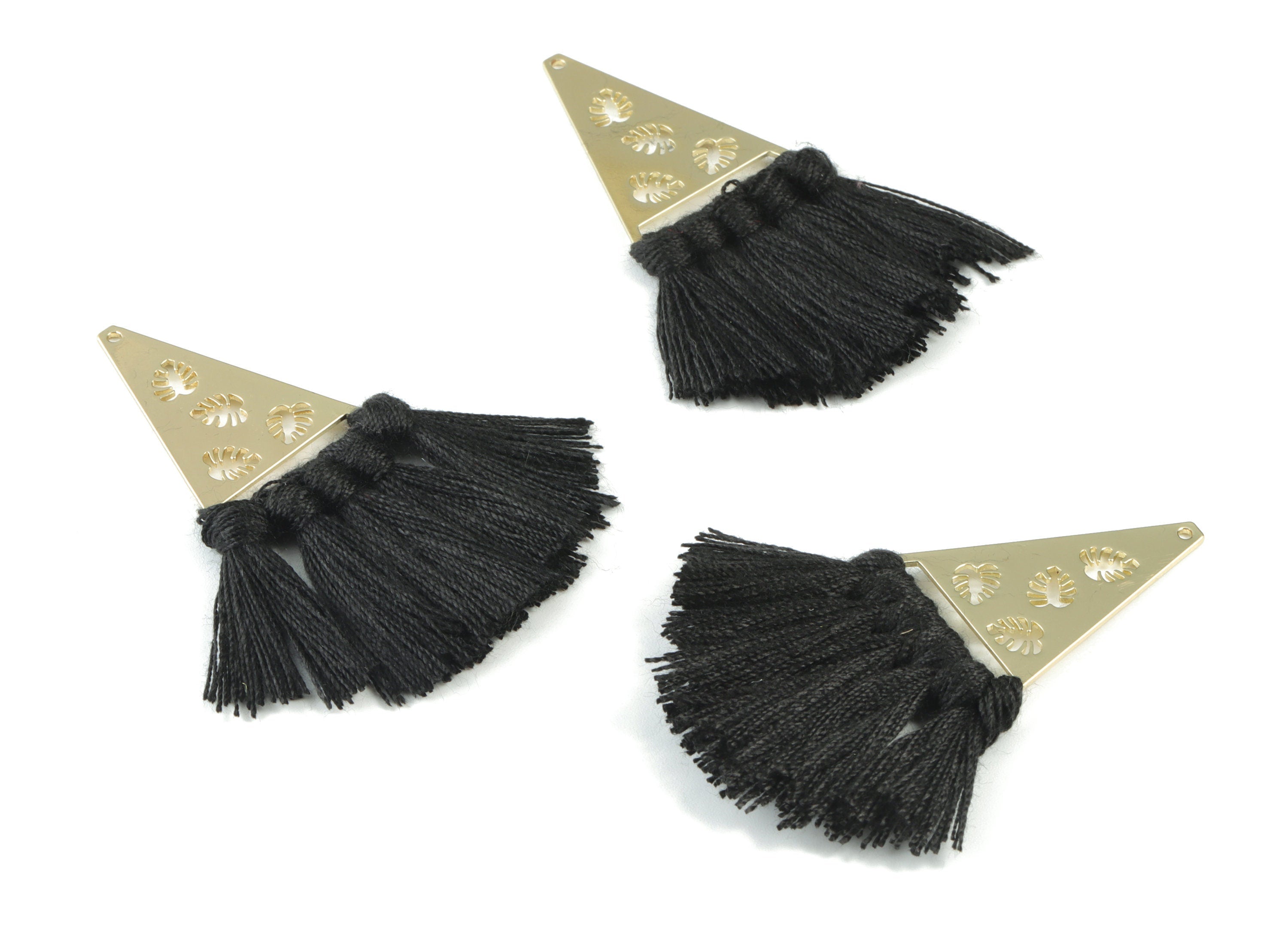 Gold Tone Plated Triangle Brass Cotton - Triangle Tassel Earring Charms - Black Tassels - Fringe Tassel - 64.98x24.92x3.41mm - TSM3084B - DOMEDBAZAAR