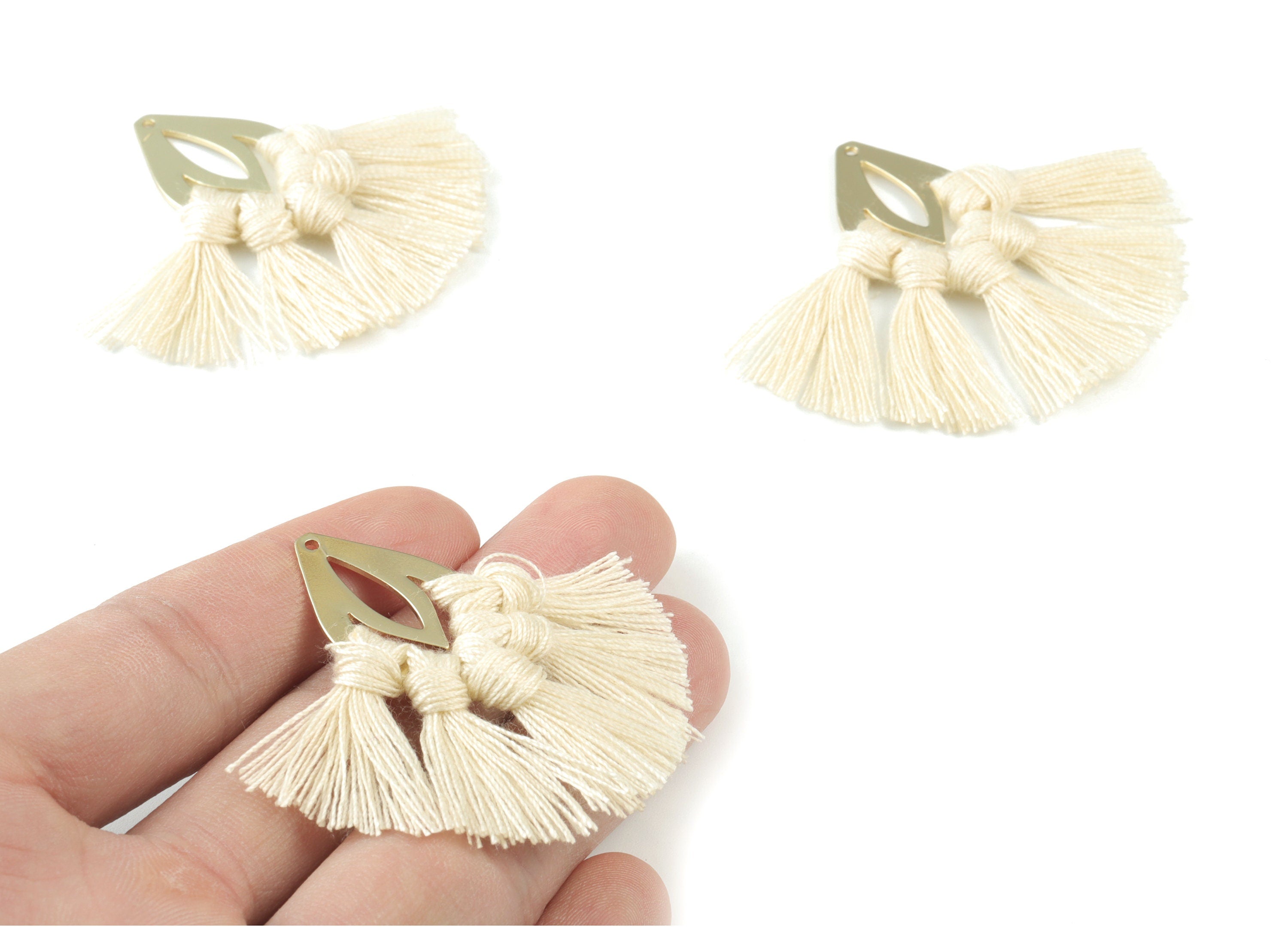 Gold Tone Plated Drop Brass - Drop Tassel Earring Charms - Cotton Cream Tassels - Fringe Tassel - 45.29x18.55x3.51mm - TSM3069C - DOMEDBAZAAR