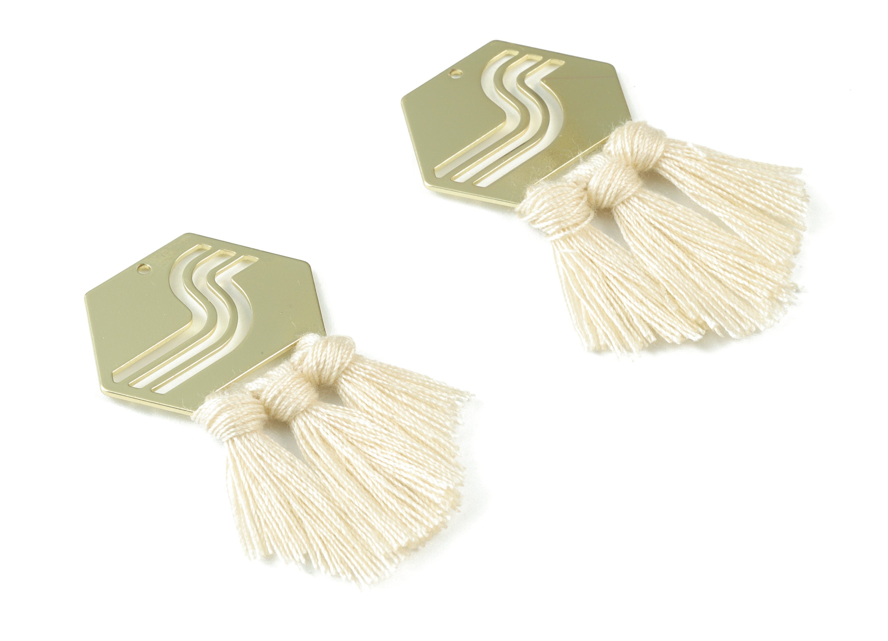 Hexagon Tassel Earring Charms - KC Gold Tone Plated Hexagon Brass - Cotton Cream Tassels - Fringe Tassel - 53.8x30.05x3.1mm - TSM1949C - DOMEDBAZAAR